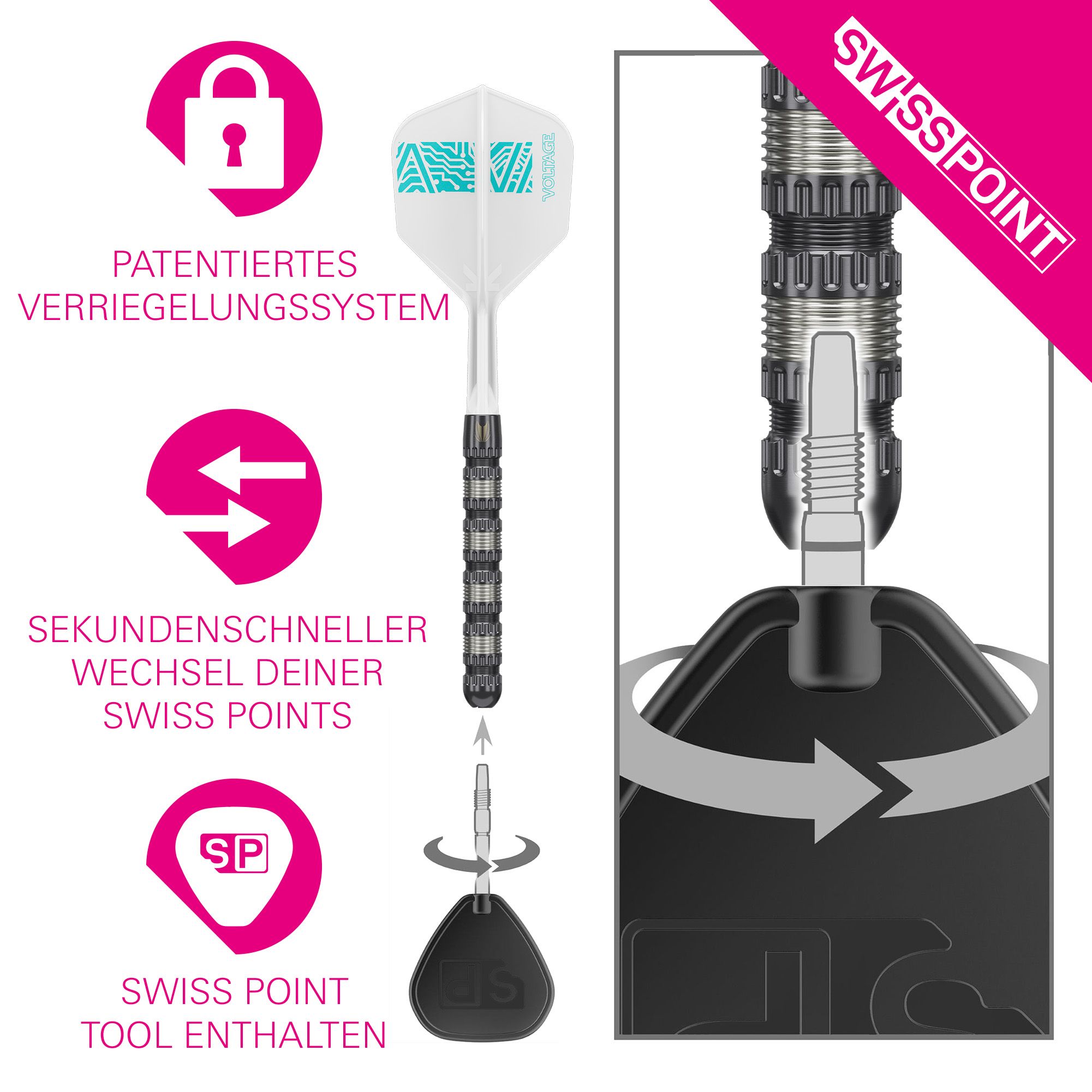 Fléchettes en acier Target Rob Cross 95K Swiss Point Das Bild zeigt den Target Rob Cross 95K Swiss Point Steeldart mit einem speziellen Wechselsystem für die Spitzen. Es hebt das patentierte Verriegelungssystem hervor, mit dem die Swiss Points in Sekundenschnelle ausgetauscht werden können.