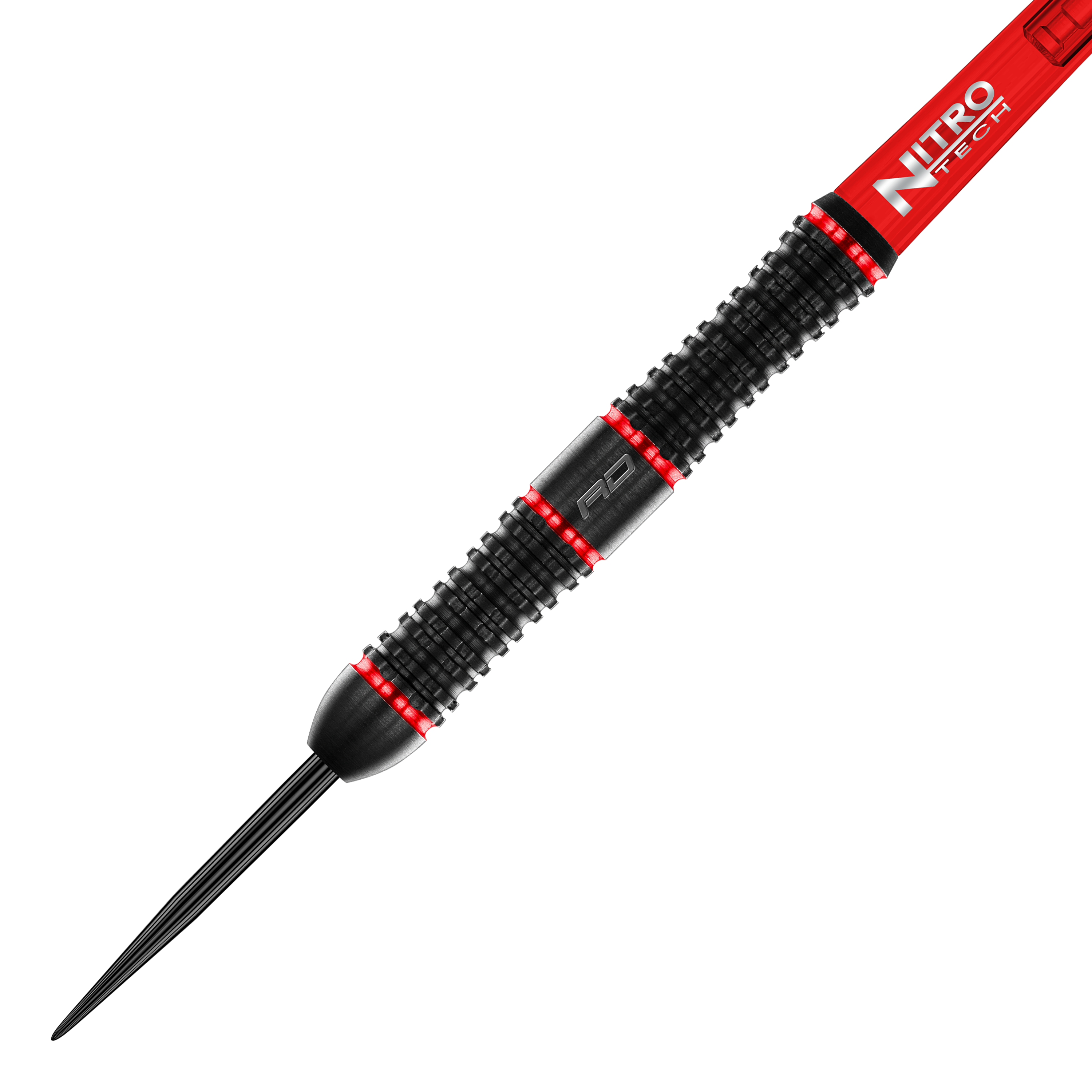 Fléchettes en acier Red Dragon Jason Watt - 22 g Das Bild zeigt den "Red Dragon Jason Watt Steeldart" mit einem Gewicht von 22 Gramm. Der Dart ist überwiegend schwarz mit roten Akzenten und hat eine geriffelte Griffoberfläche.