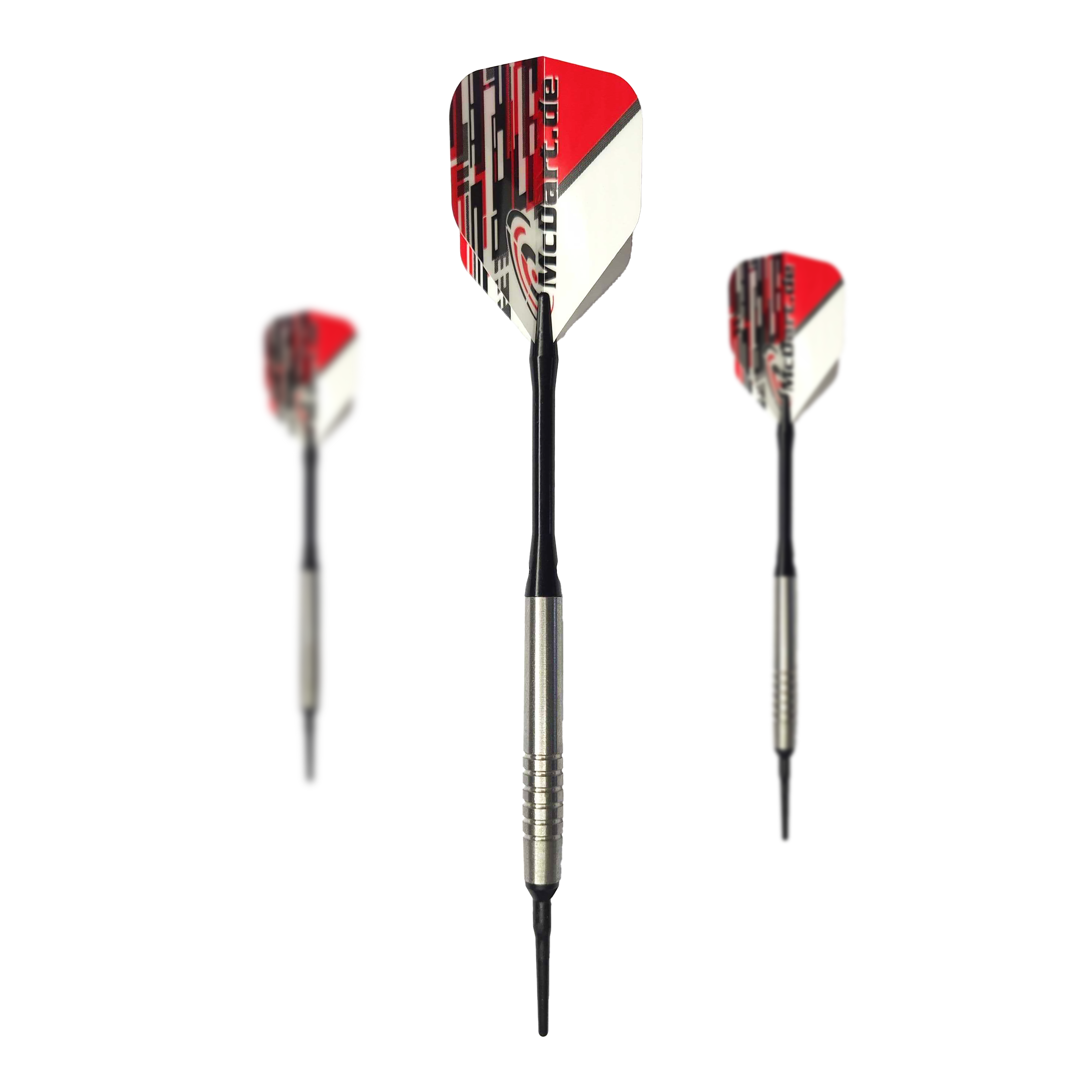 Fléchettes souples McDart 85 Tungstène V14 - 17 g Das Bild zeigt drei Softdarts des Modells "McDart 85er Tungsten V14" mit einem Gewicht von 17g. Die Darts haben silberne Barrels und Flights in Rot, Weiß und Schwarz.