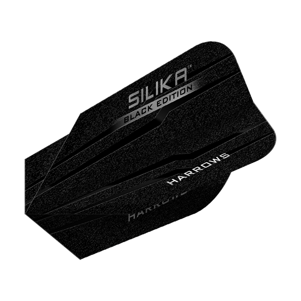 Volets fins Harrows Silika Black Edition Das Bild zeigt die Harrows Silika Black-Edition Slim Flights. Sie sind schlank, schwarz und haben silberne Schriftzüge mit den Wörtern "Silika", "Black Edition" und "Harrows".