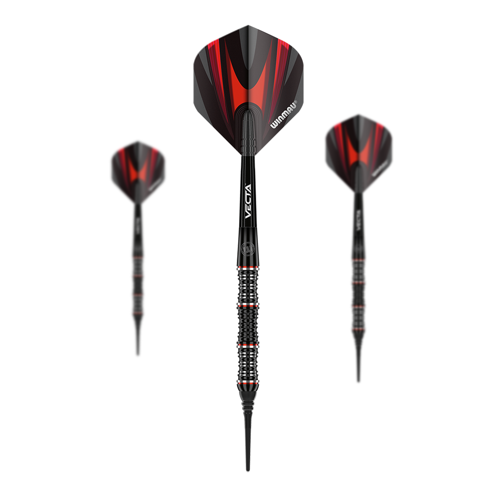 Fléchettes souples Winmau Mervyn King Édition Spéciale Das Bild zeigt drei Winmau Mervyn King Special Edition Softdarts. Die Darts haben schwarze und rote Flights sowie ein detailliertes, schwarz-silbernes Griffstück.