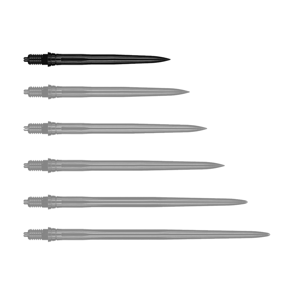 Pointes de fléchettes Caliburn EZ-EVO - Lisses - Noires Das Bild zeigt schwarze Dartspitzen mit glatter Oberfläche, vermutlich 28 mm lang. Die Datei trägt den Namen EVO181_Caliburn_EZ-EVO_Dartspitzen_Smooth_Schwarz_28mm_1.