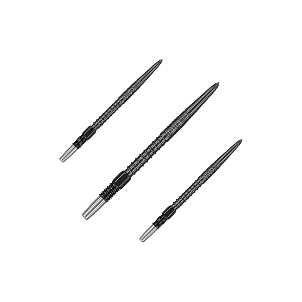 Pointes de fléchettes Target Swiss Firepoint Black Auf dem Bild sind drei schwarze Dartspitzen zu sehen. Sie sind länglich, metallisch und haben ein geriffeltes Design.