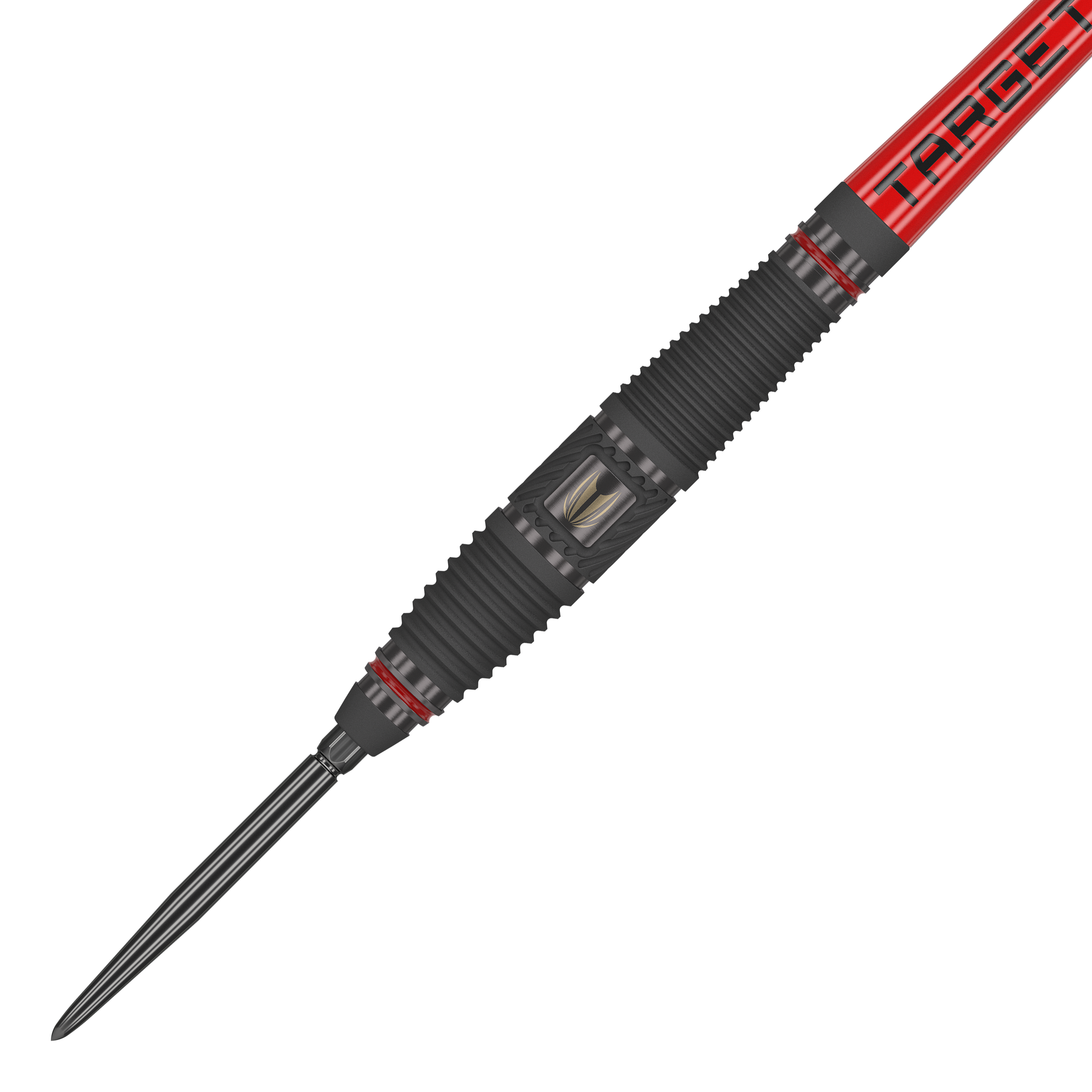 Fléchettes en acier Target Scope 03 Swiss Point Das Bild zeigt ein Target Scope 03 Swiss Point Steeldart mit schwarzem und rotem Design. Die Oberfläche des Darts ist geriffelt und hat Metallakzente für besseren Halt.