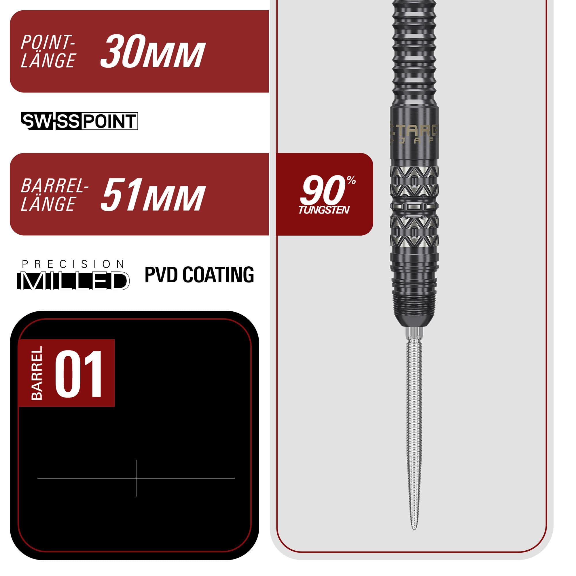 Fléchettes en acier Target Japan Black Marque Creed Swiss Point - 23 g Target Japan Black Marque Creed Swiss Point Steeldarts - 23g werden präsentiert. Die Darts sind elegant und modern im Design.