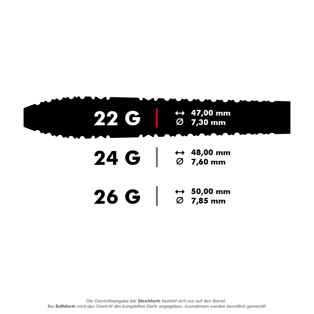 190057_Target_Bolide_03_Swiss_Point_Steeldarts_5_22g Das Bild zeigt die Target Bolide 03 Swiss Point Steeldarts in drei verschiedenen Gewichtsklassen: 22g, 24g und 26g. Für jedes Gewicht sind die jeweilige Länge und der Durchmesser des Barrels angegeben.