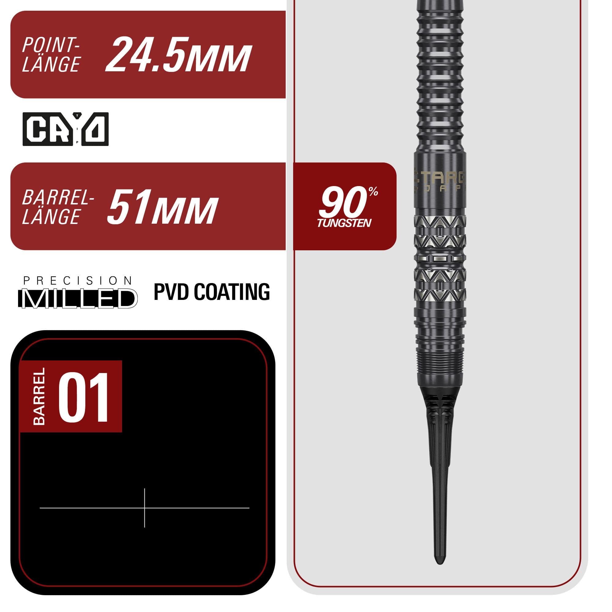 Fléchettes souples Target Black Marque Creed - 21,5 g Die Target Black Marque Creed Softdarts mit 21,5g sind auf diesem Foto zu sehen. Sie werden deutlich und von der Seite präsentiert.