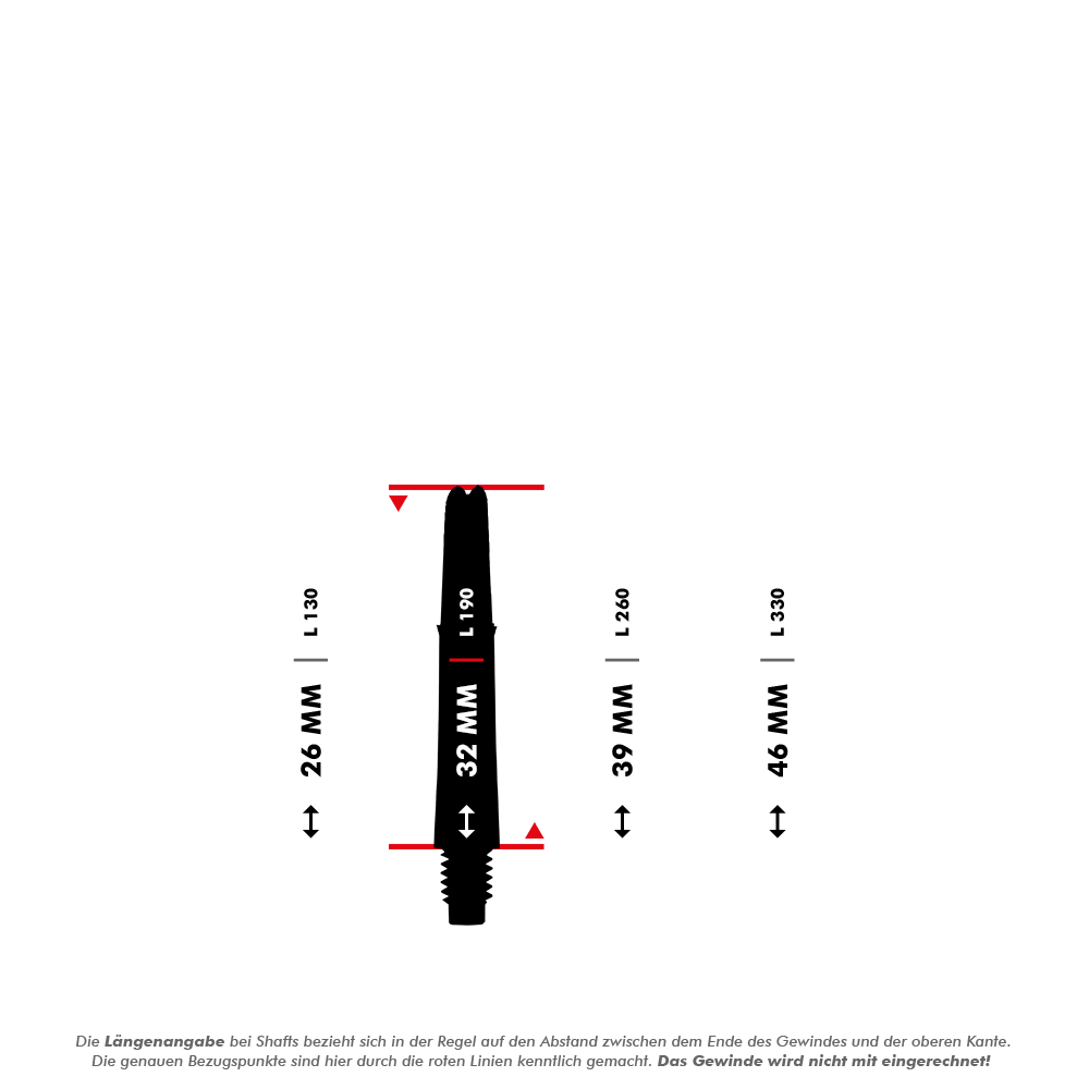 Arbres en L verrouillés droits - Blanc Das Bild zeigt eine technische Zeichnung eines L-Style L-Shaft Locked Straight mit einer Länge von 32 mm. Es sind ebenfalls die Maße für die Längen 26 mm, 39 mm und 46 mm dargestellt.
