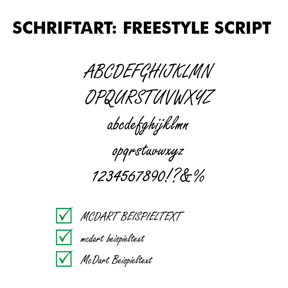Flightdruck-Schriftart-Freestyle-ScriptYG20MbZqMjgTb Das Bild zeigt die Schriftart „Freestyle Script“ mit Beispielen für Großbuchstaben, Kleinbuchstaben, Zahlen und Sonderzeichen. Unten werden verschiedene Beispieltexte in dieser Schriftart dargestellt, jeweils mit einem grünen Häkchen.