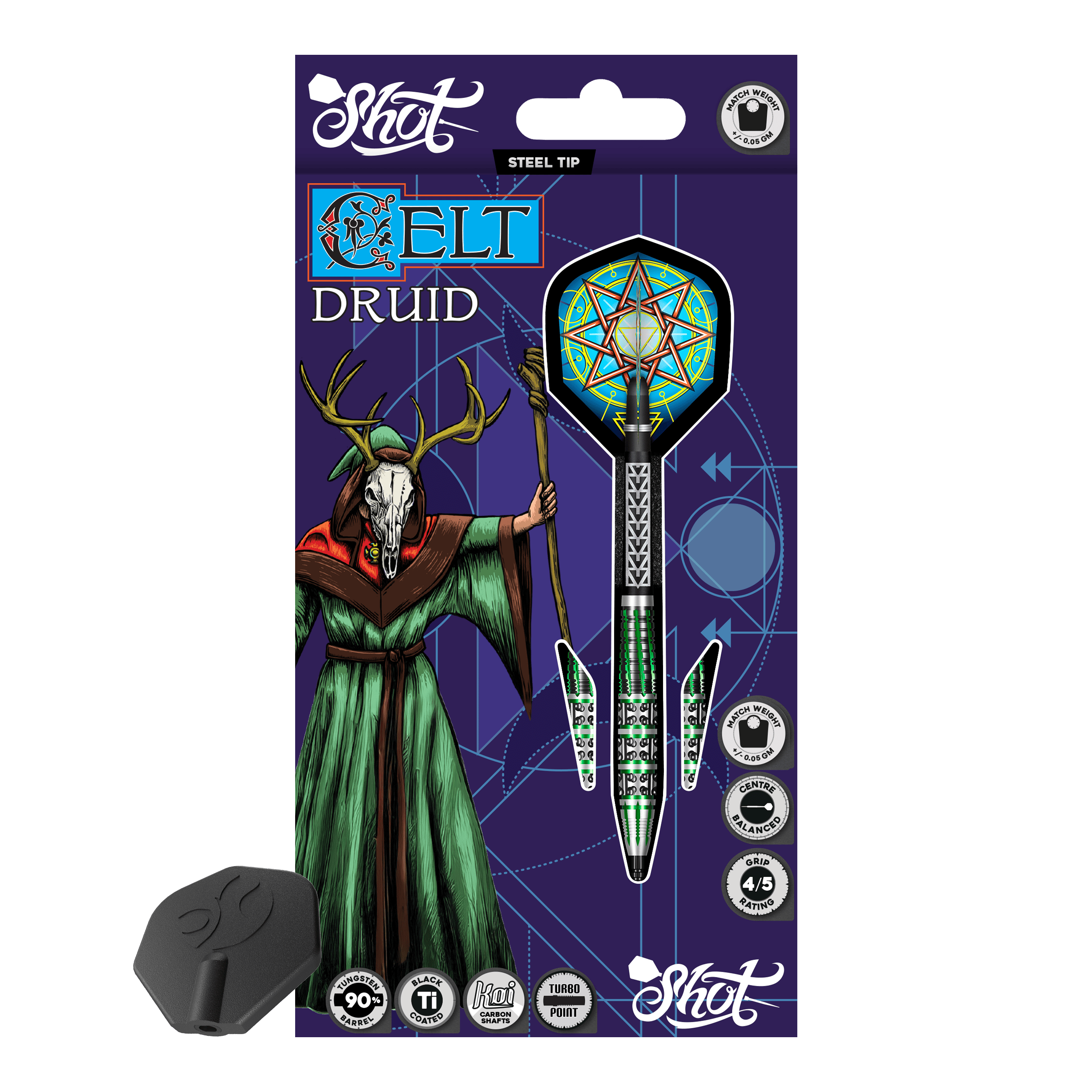 Das Produktfoto zeigt Shot Celt Druid TurboPoints Steeldarts. Die Darts heben sich durch besondere Formen ab.
