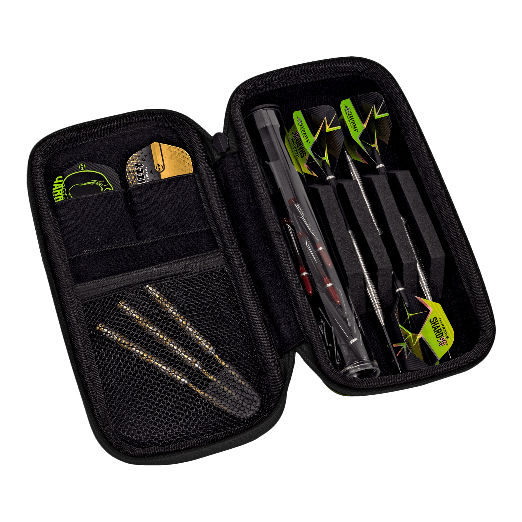 Étui intelligent Harrows pour fléchettes Das Bild zeigt ein geöffnetes Dart-Etui mit mehreren Darts und Zubehör. Die Darts sind ordentlich in Fächern und Taschen im Etui verstaut.