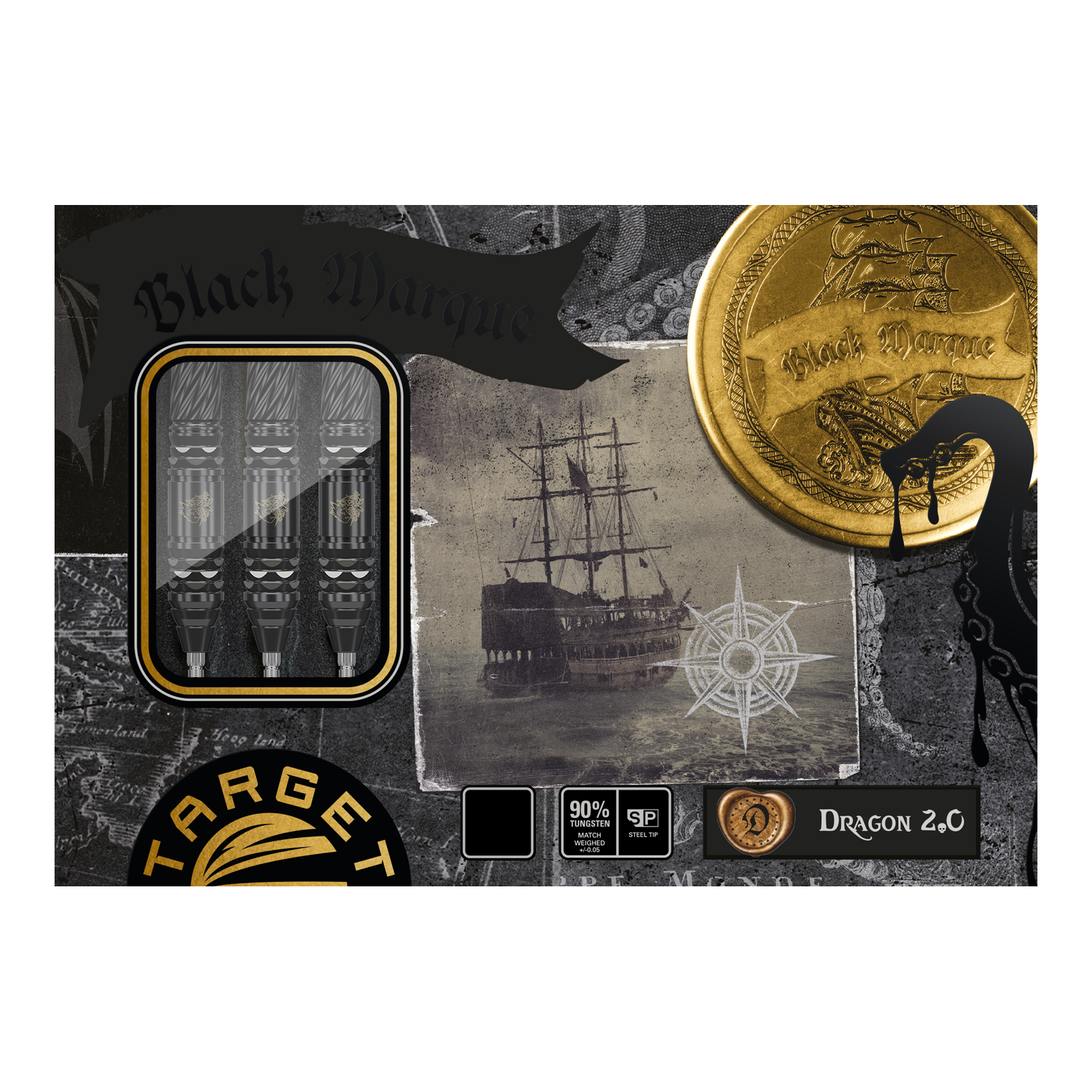 Fléchettes en acier Target Japan Black Marque Dragon GEN2 Swiss Point Das Bild zeigt die Verpackung der "Target Japan Black Marque Dragon GEN2 Swiss Point Steeldarts". Auf der Verpackung sind ein Schiff, ein goldener Münze und drei Darts sichtbar.
