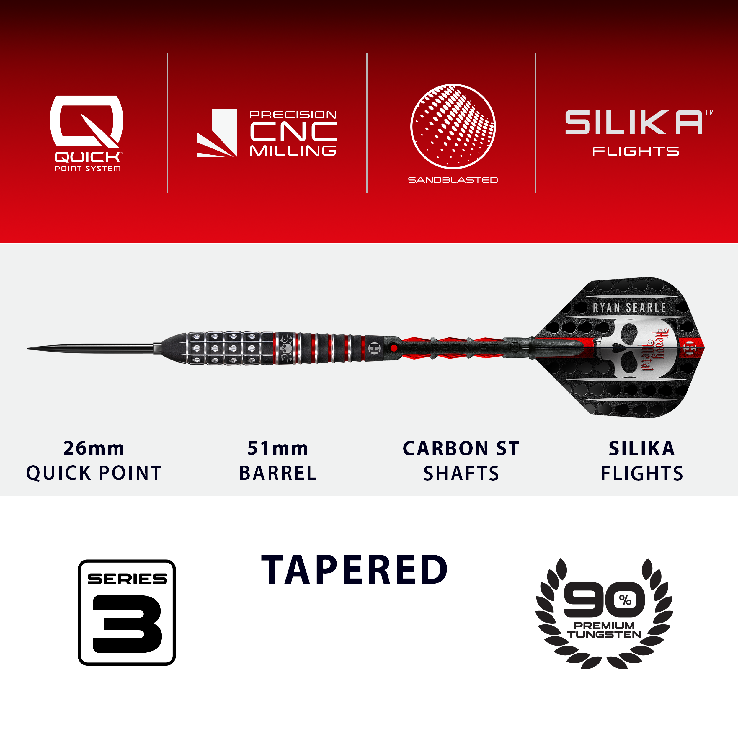Gezeigt werden die Harrows Ryan Searle Series 3 Quick Point Steeldarts. Diese Steeldarts bieten eine präzise Wurftechnik.