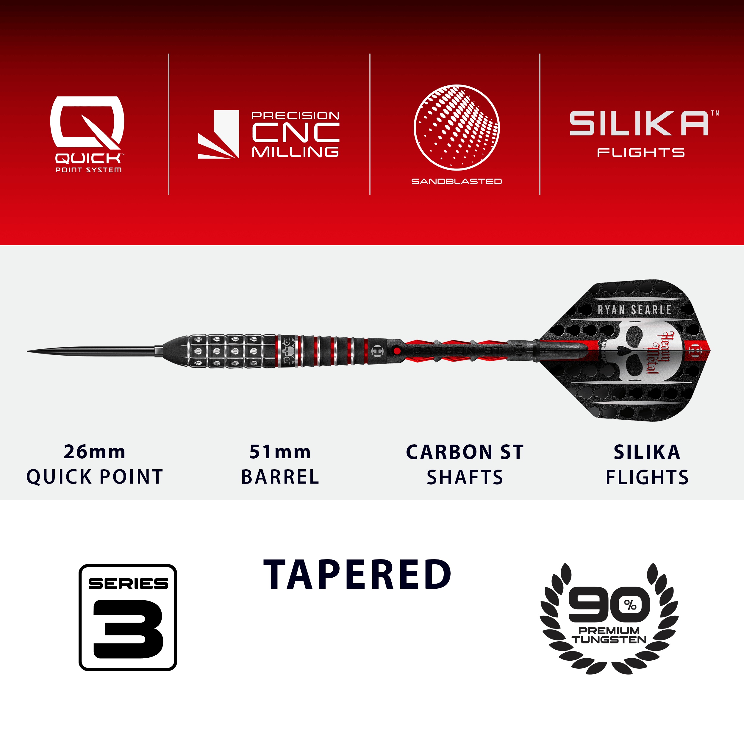 Fléchettes en acier à pointe rapide Ryan Searle série 3 de Harrow Gezeigt werden die Harrows Ryan Searle Series 3 Quick Point Steeldarts. Diese Steeldarts bieten eine präzise Wurftechnik.