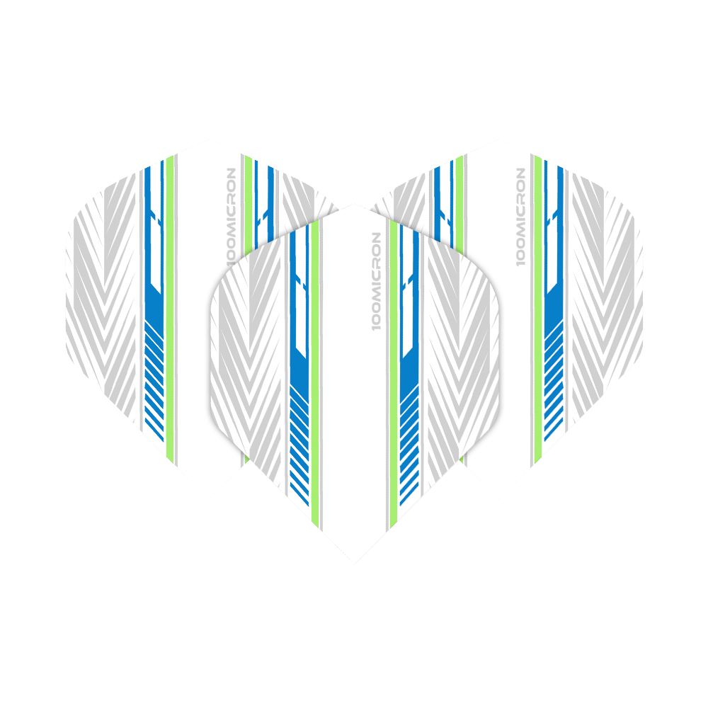 Vols de Pentathlon blanc/bleu/vert Das Bild zeigt die "Pentathlon White Blue Green No2 Standard Flights" mit einem modernen Design in Weiß, Blau und Grün. Die Flights haben ein Muster aus Linien und Pfeilen sowie den Aufdruck "100 MICRON".