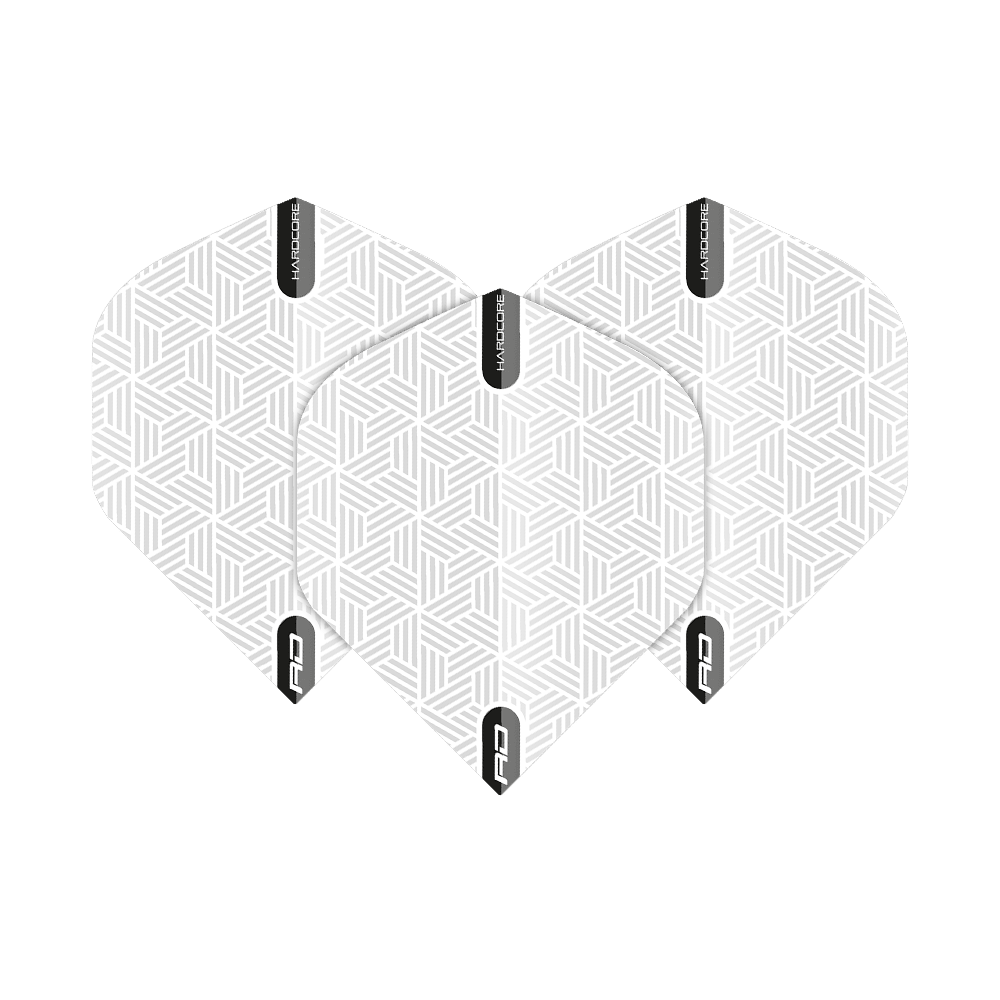 TF6427_Red_Dragon_Hardcore_White_Standard_Flights_1YY8ajxLYnFIeS Das Bild zeigt drei "Red Dragon Hardcore White Standard Flights" für Darts. Sie sind weiß mit einem dezenten geometrischen Muster und haben schwarze Akzente mit der Aufschrift "HARDCORE".