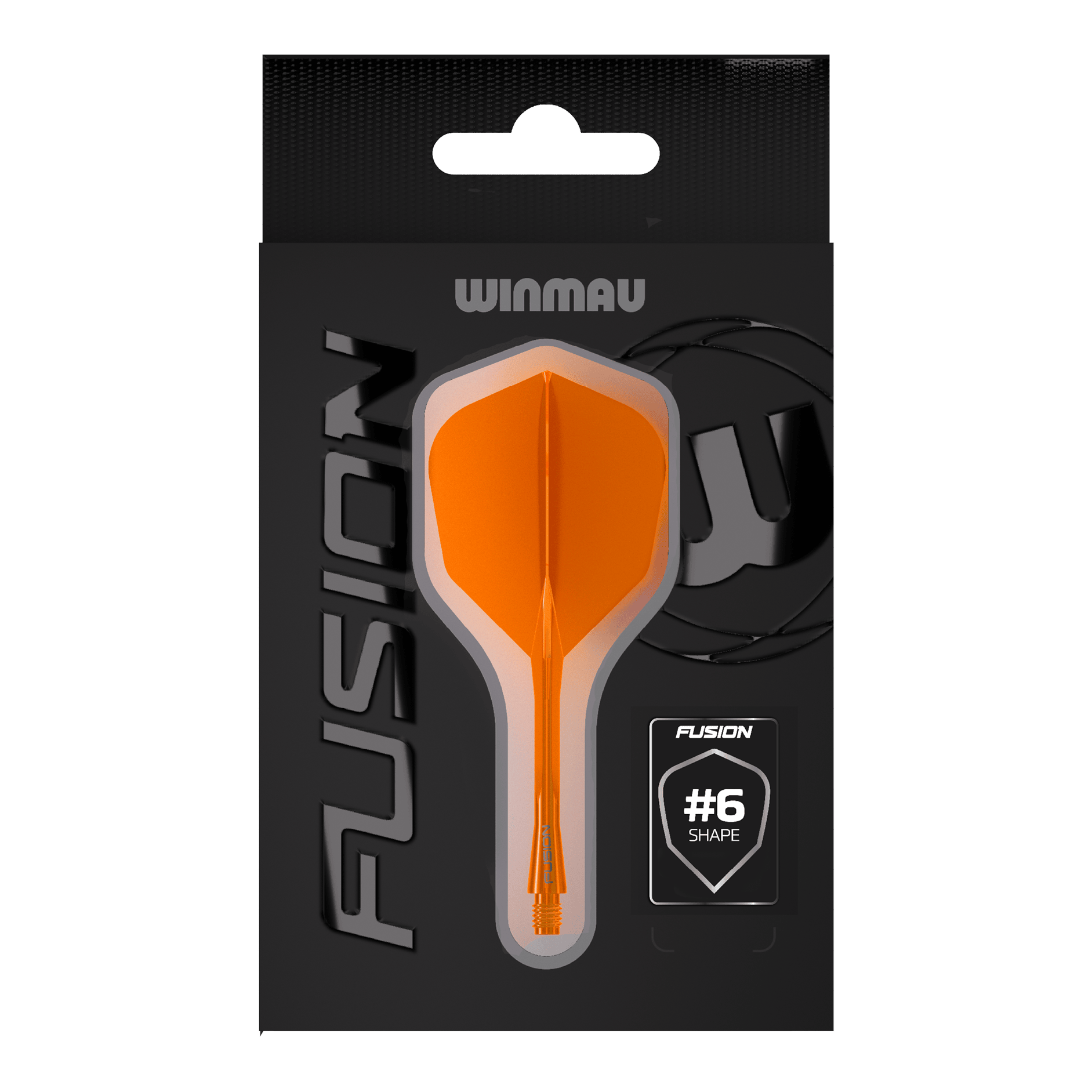 Système d'arbre de vol Winmau Fusion n° 6 Orange fluo Das Bild zeigt das Winmau Fusion Flight-Shaft-System No6 in Neon Orange. Dieses System verbindet Flight und Shaft zu einer stabilen Einheit für Dartpfeile.