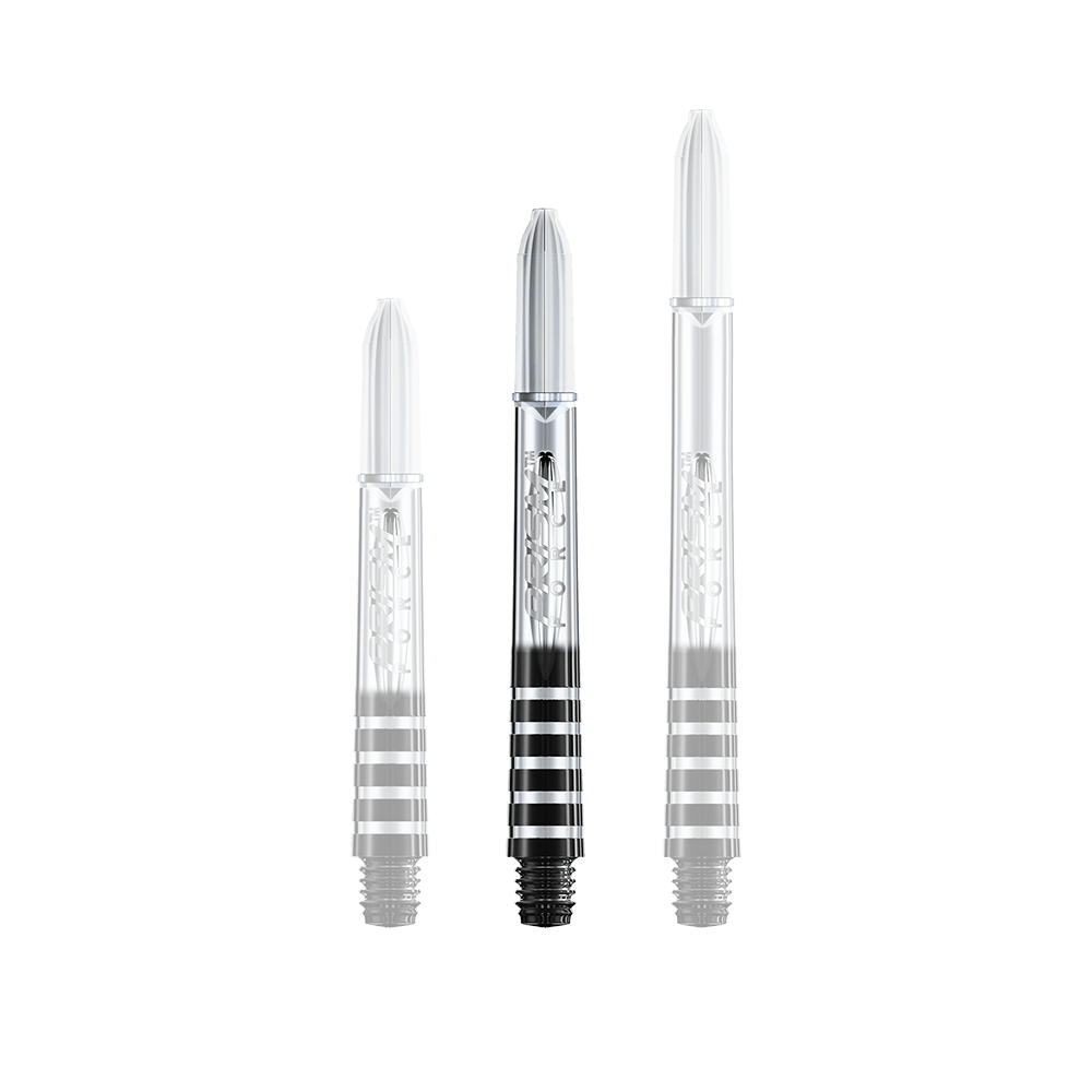 7020-406_Winmau_Prism_Force_Shafts_Clear_41mm_1EgEq2hcmzGYBo Das Bild zeigt drei durchsichtige Dartschäfte mit schwarzen Akzenten. Sie stehen nebeneinander in unterschiedlichen Längen.