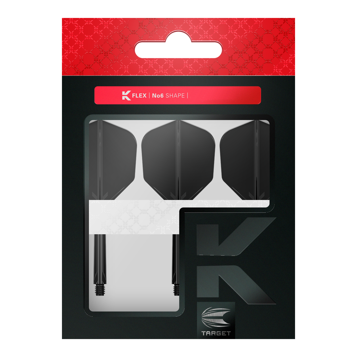 Système de vol Target K-Flex n° 6 - Noir Das Bild zeigt eine Verpackung mit drei schwarzen Dartflights und Schäften von Target. Oben auf der Packung steht "K FLEX | No6 SHAPE".