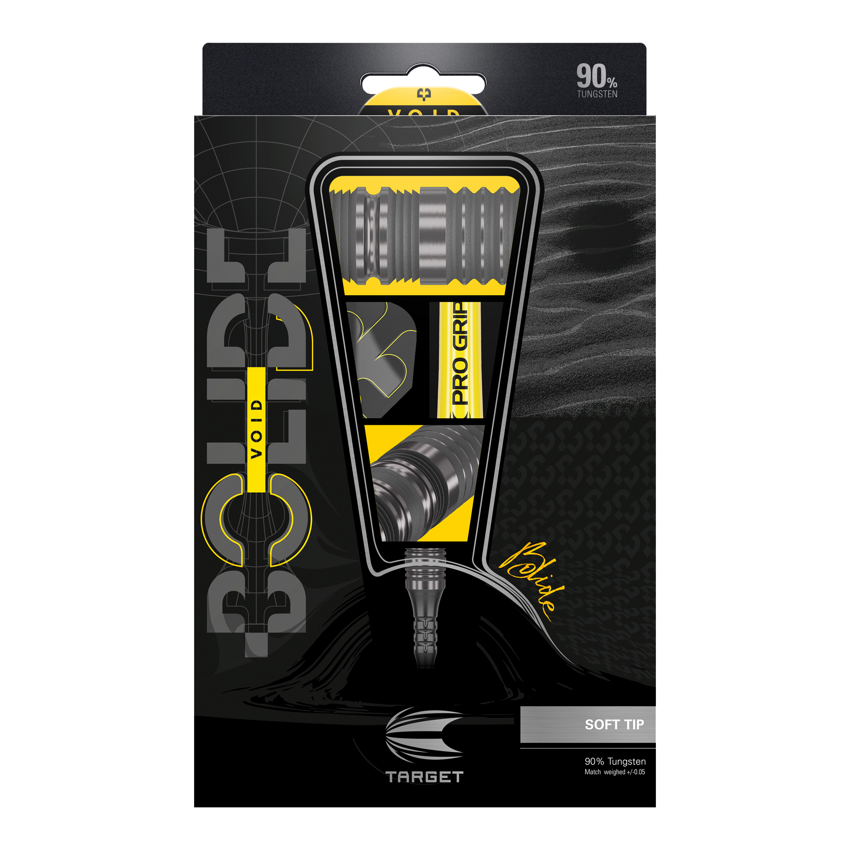 Target Bolide Void 10 fléchettes souples Das Bild zeigt die Verpackung der "Target Bolide Void 10 Softdarts". Die Verpackung ist schwarz-gelb gestaltet und hebt die Darts mit 90% Tungsten-Anteil hervor.