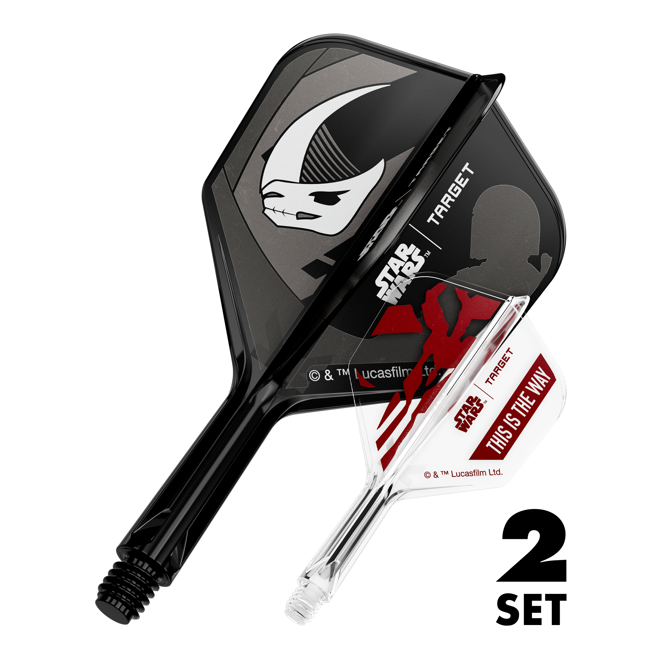 Coffret Target Star Wars K-Flex Mandalorian No6 Flights Zwei Dart-Flügel-Sets mit Mandalorianer-Design, bekannt aus Star Wars. Die Flights sind 19 mm groß und für Dartpfeile geeignet.