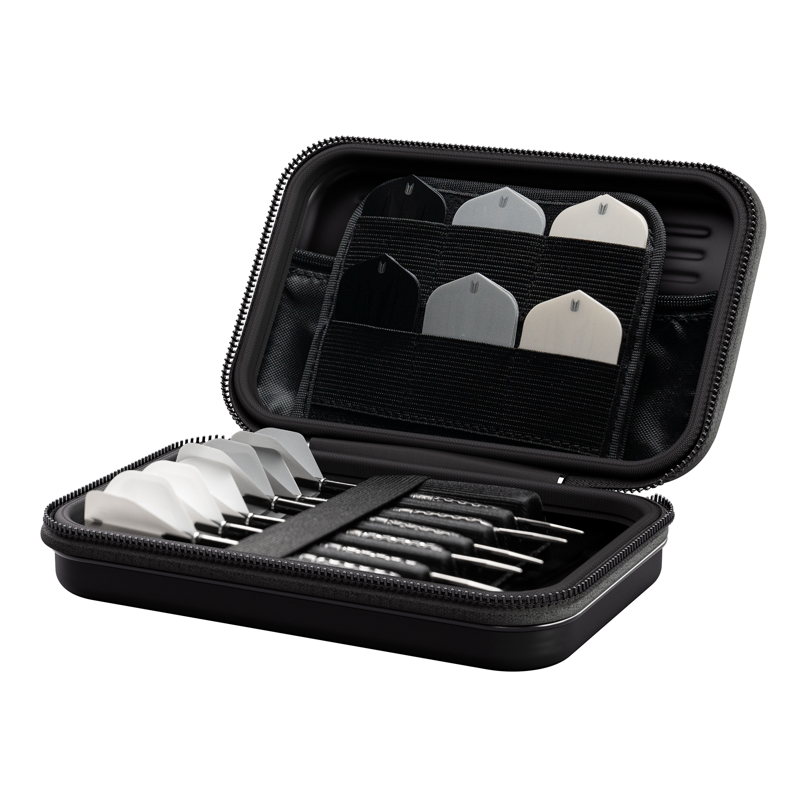 Étui à fléchettes Target Takoma Luke Littler XL Das Bild zeigt das Produkt "Target Takoma Bolide XL Dartcase". In dem geöffneten Etui sind mehrere Dartpfeile und Ersatzflights ordentlich verstaut.