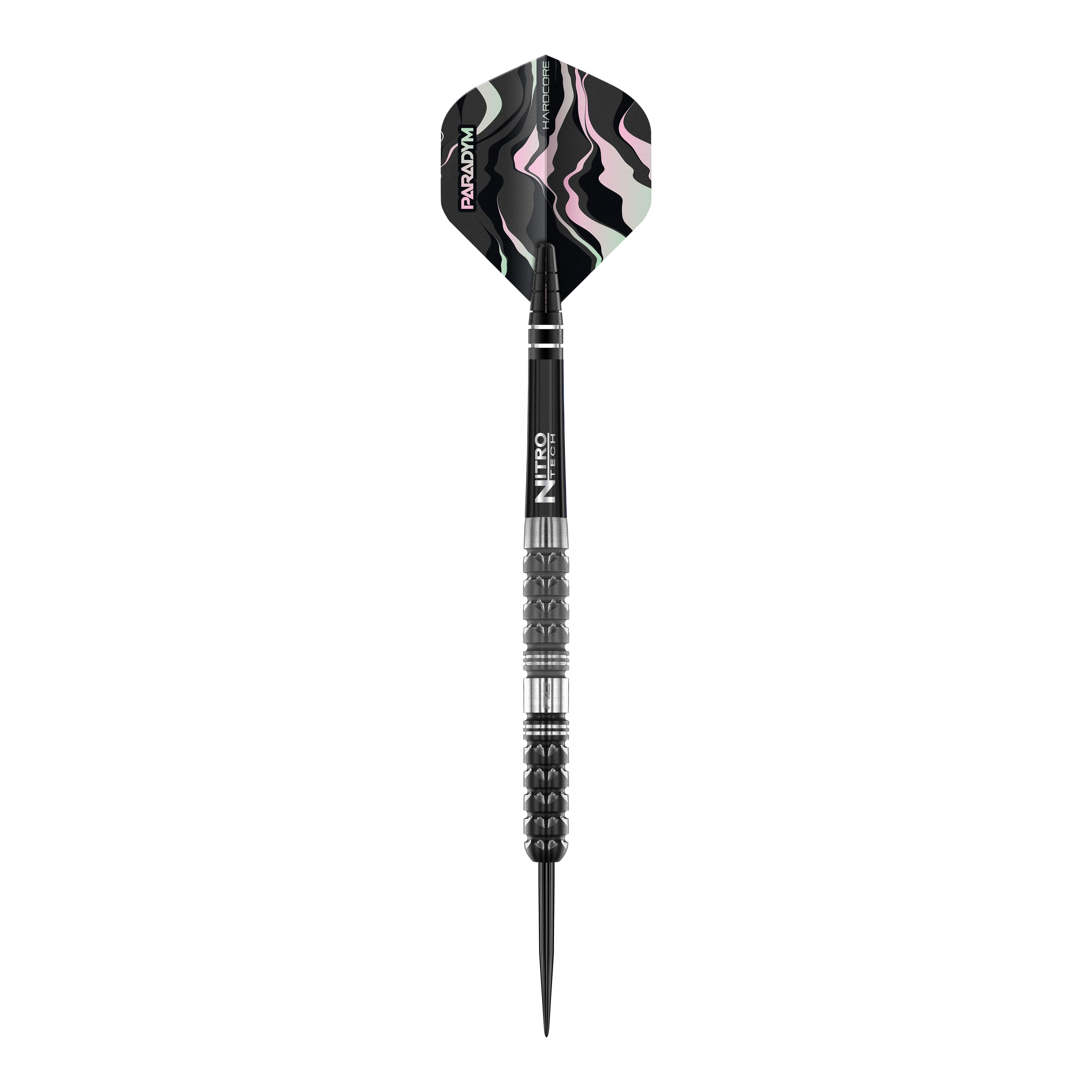 Fléchettes en acier conique Red Dragon Paradym Das Bild zeigt einen Red Dragon Paradym Tapered Steeldart. Der Dart hat ein modernes, schwarzes Design mit markant gemusterter Flugfeder.