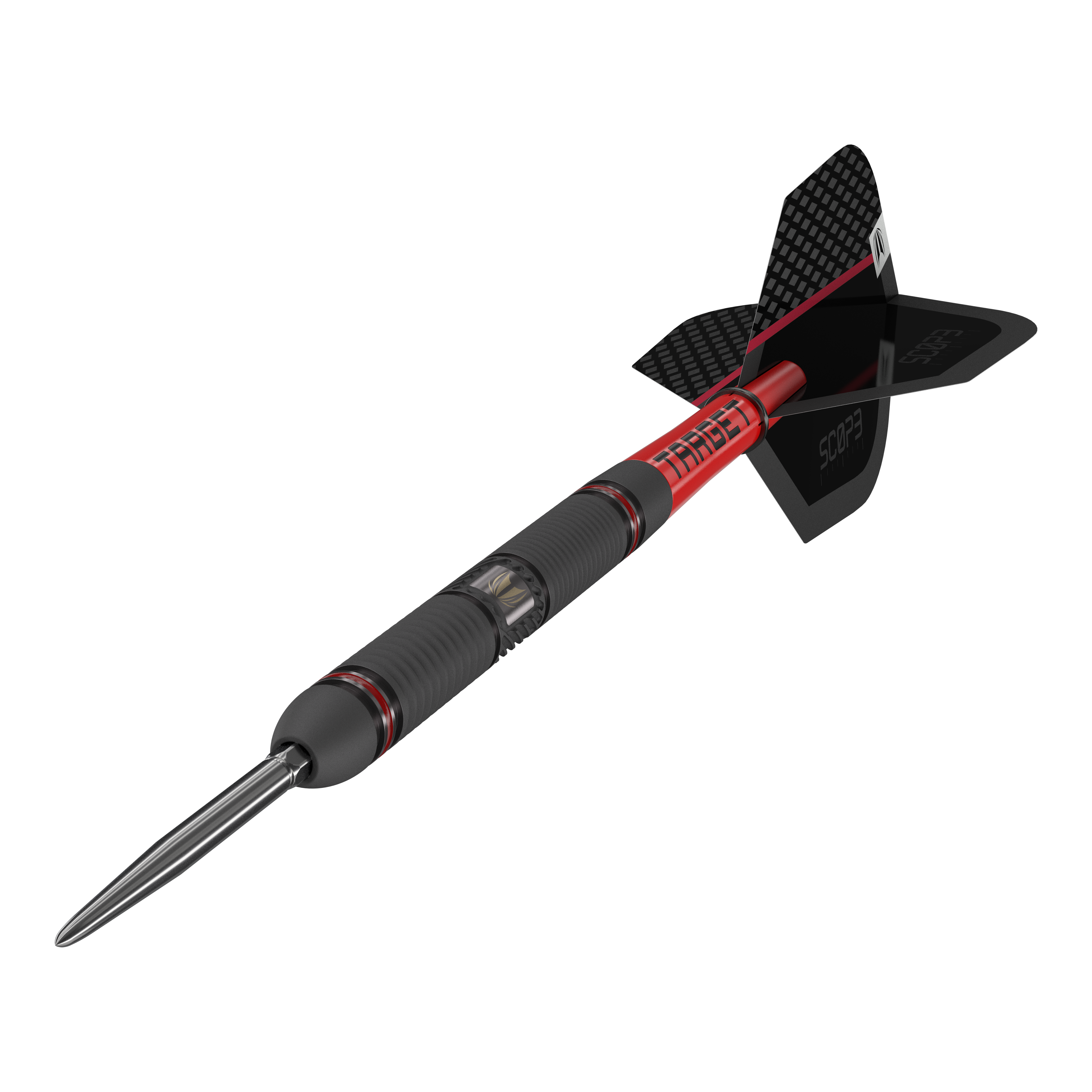 Target Scope 01 Fléchettes en acier Swiss Point Das Bild zeigt einen Target Scope 01 Swiss Point Steeldart. Der Dartpfeil hat ein modernes Design mit schwarzen und roten Akzenten sowie einer stabilen Metallspitze.