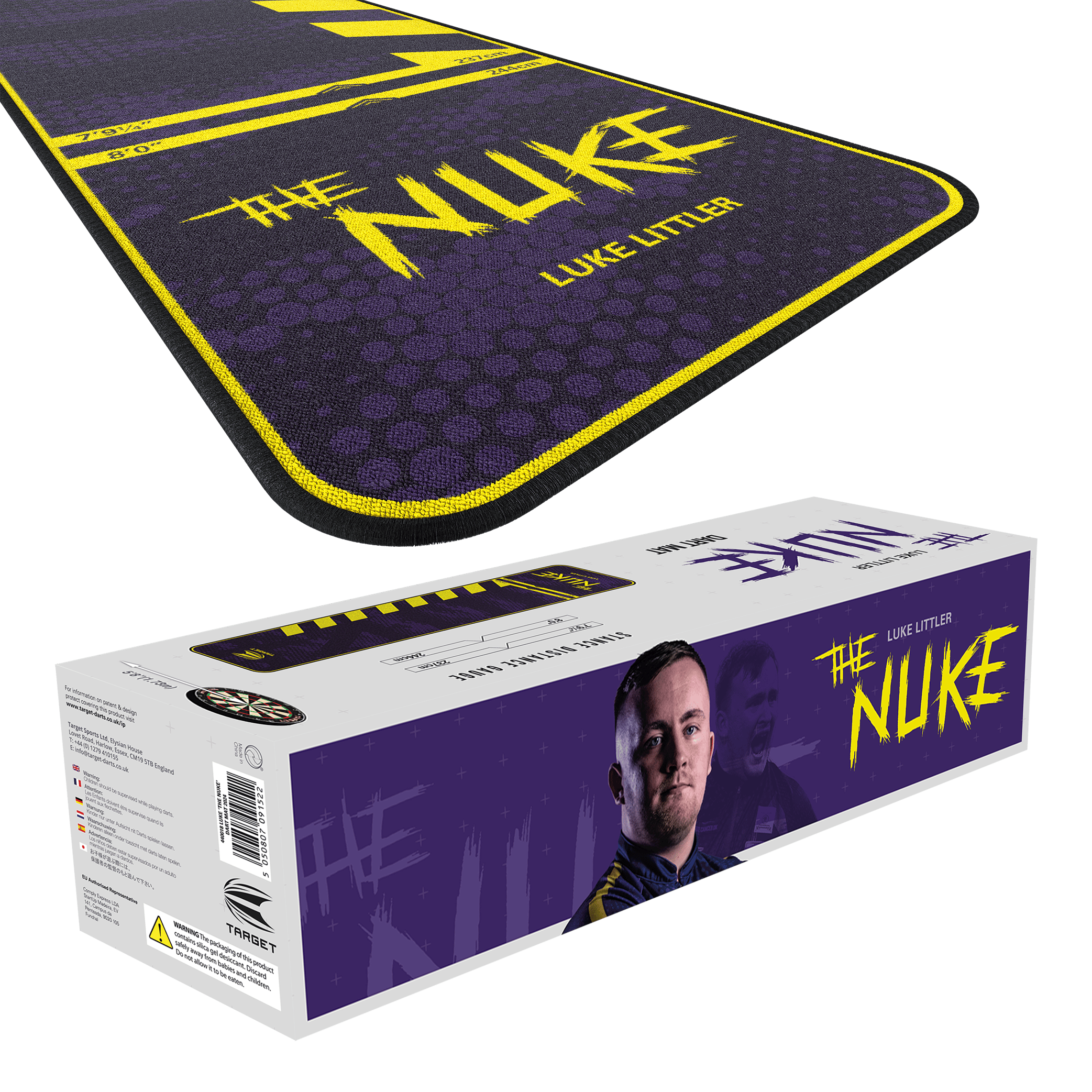 Target Luke Littler Le tapis de fléchettes Nuke Das Bild zeigt den "Target Luke Littler The Nuke Dartteppich" in lila Farbe mit gelben Akzenten. Auf der Verpackung ist ein Bild von Luke Littler sowie der Produktname zu sehen.