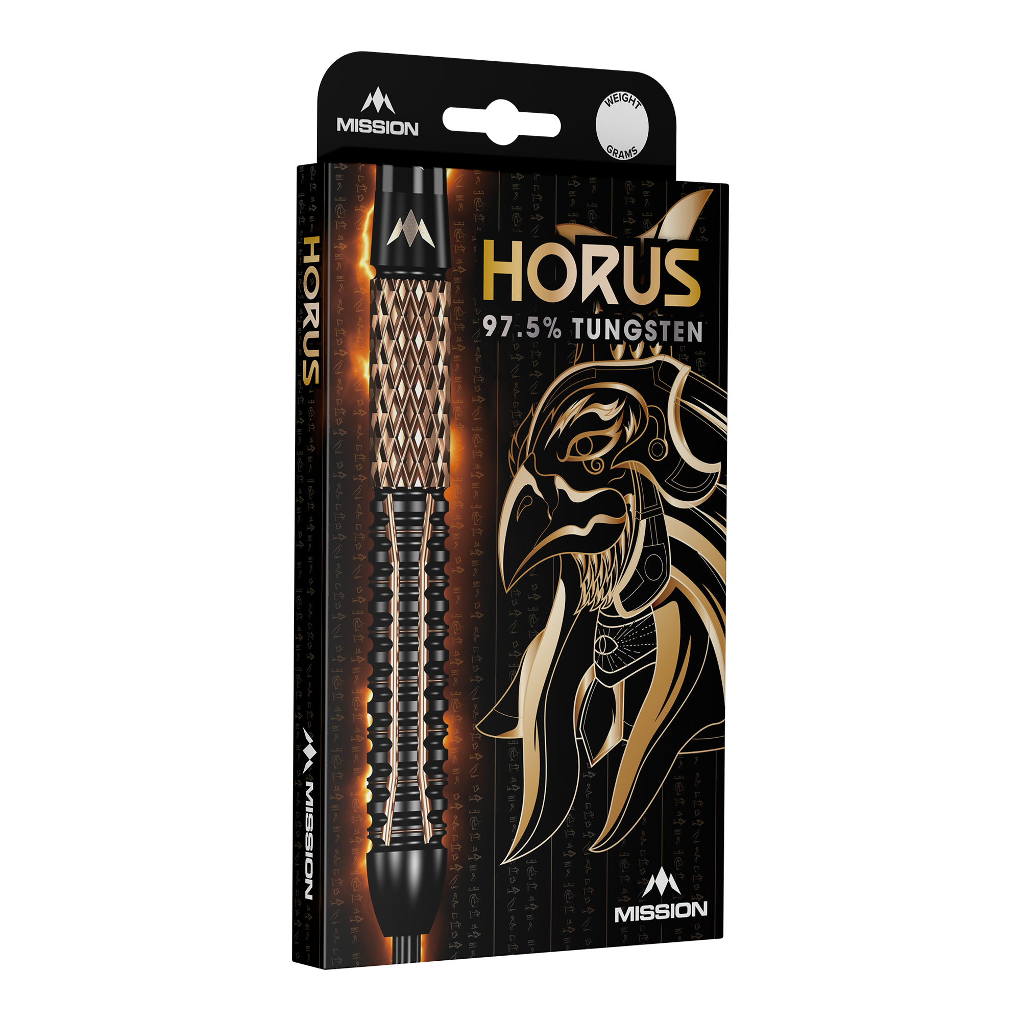 Fléchettes en acier de la Mission Horus Die Verpackung zeigt die Mission Horus Steeldarts mit einem stilisierten Horus-Kopf im Hintergrund. Auf der Packung steht, dass die Darts aus 97,5 % Tungsten bestehen.