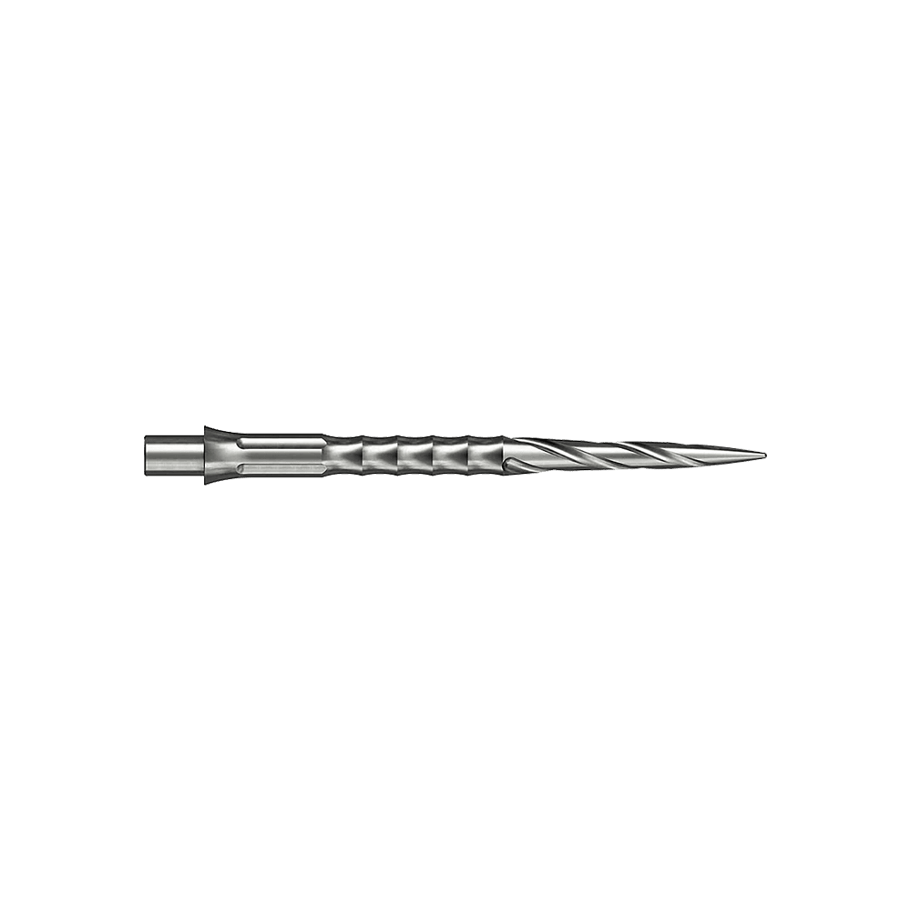 Pointes de fléchettes en acier Caliburn System - Spiro - NoLip - argent Zwei silberne Steeldartspitzen werden gezeigt. Sie sind 32 mm lang und gehören zum Spiro NoLip Design.