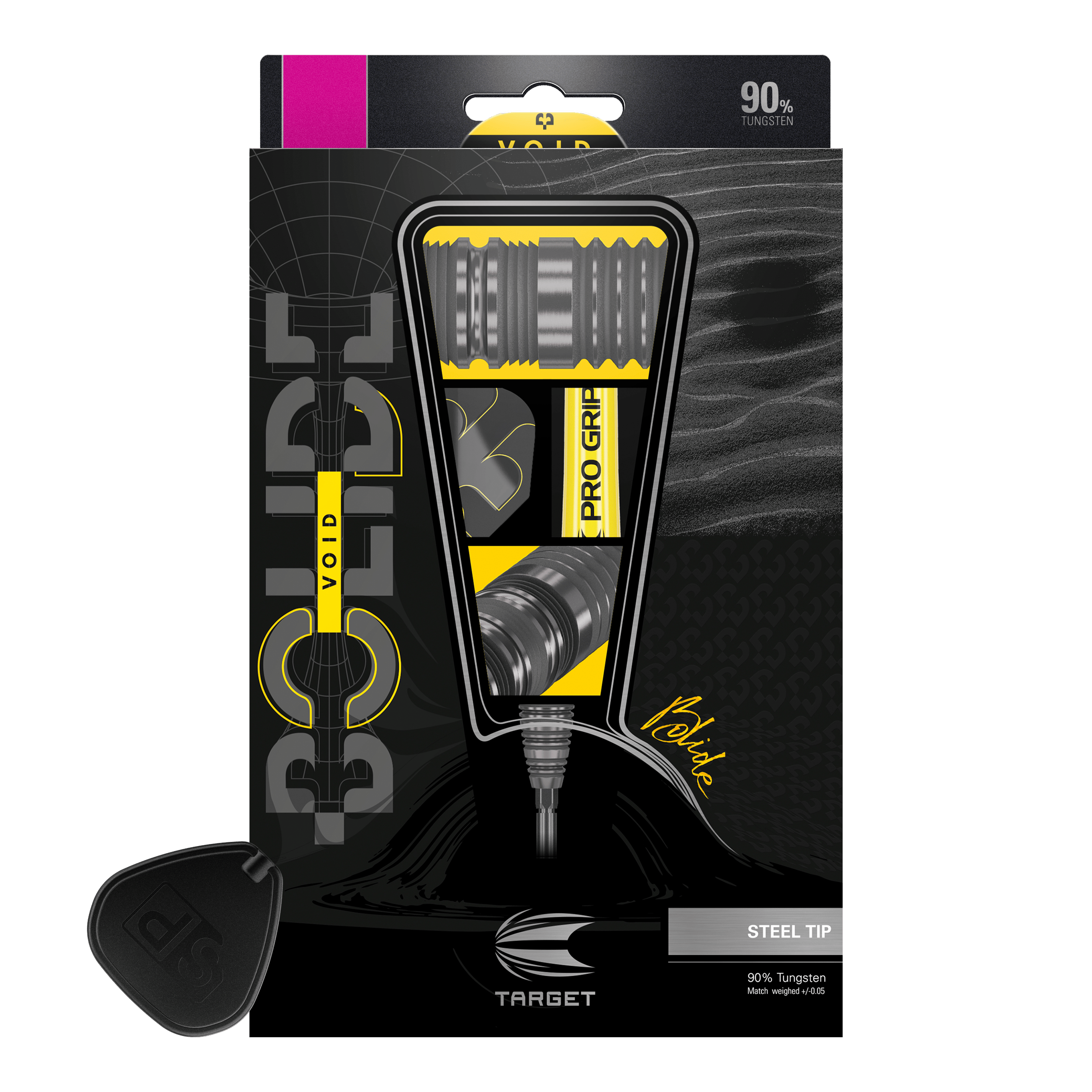 Fléchettes en acier Target Bolide Void 03 Swiss Point Das Bild zeigt die Verpackung der "Target Bolide Void 03 Swiss Point Steeldarts". Die Darts bestehen zu 90 % aus Tungsten und haben eine Stahspitze.