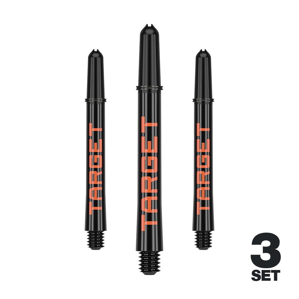 Tiges Target Pro Grip TAG - 3 jeux - Noir Orange Das Bild zeigt drei schwarze Dartschäfte mit orangefarbener Aufschrift "TARGET". In der rechten unteren Ecke steht "3 SET".