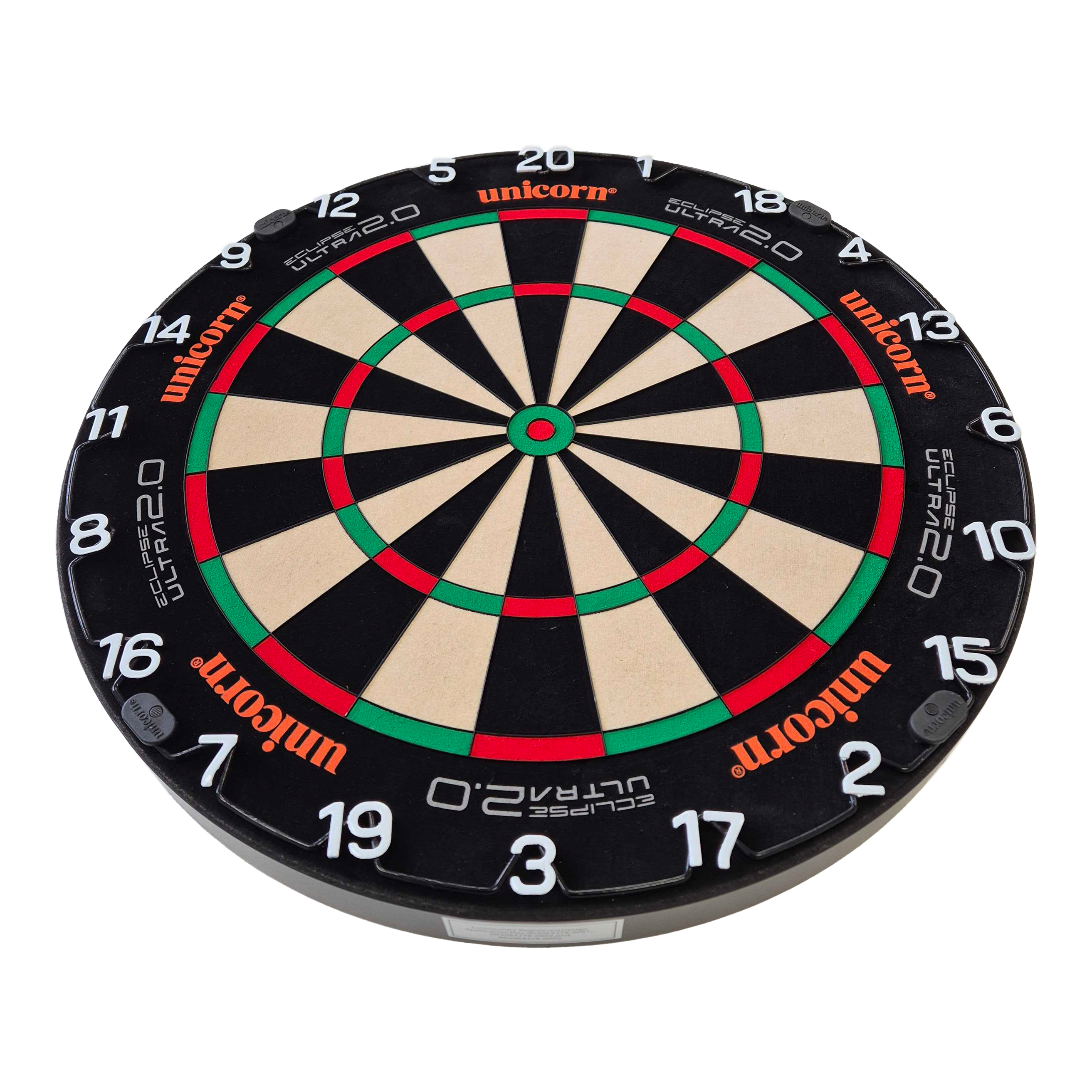 Cible de fléchettes en acier Unicorn Eclipse Ultra 2.0 Das Bild zeigt eine Unicorn Eclipse Ultra 2.0 Steeldartboard. Die Dartscheibe hat ein klares, klassisches Design mit Zahlen und farbigen Segmenten.