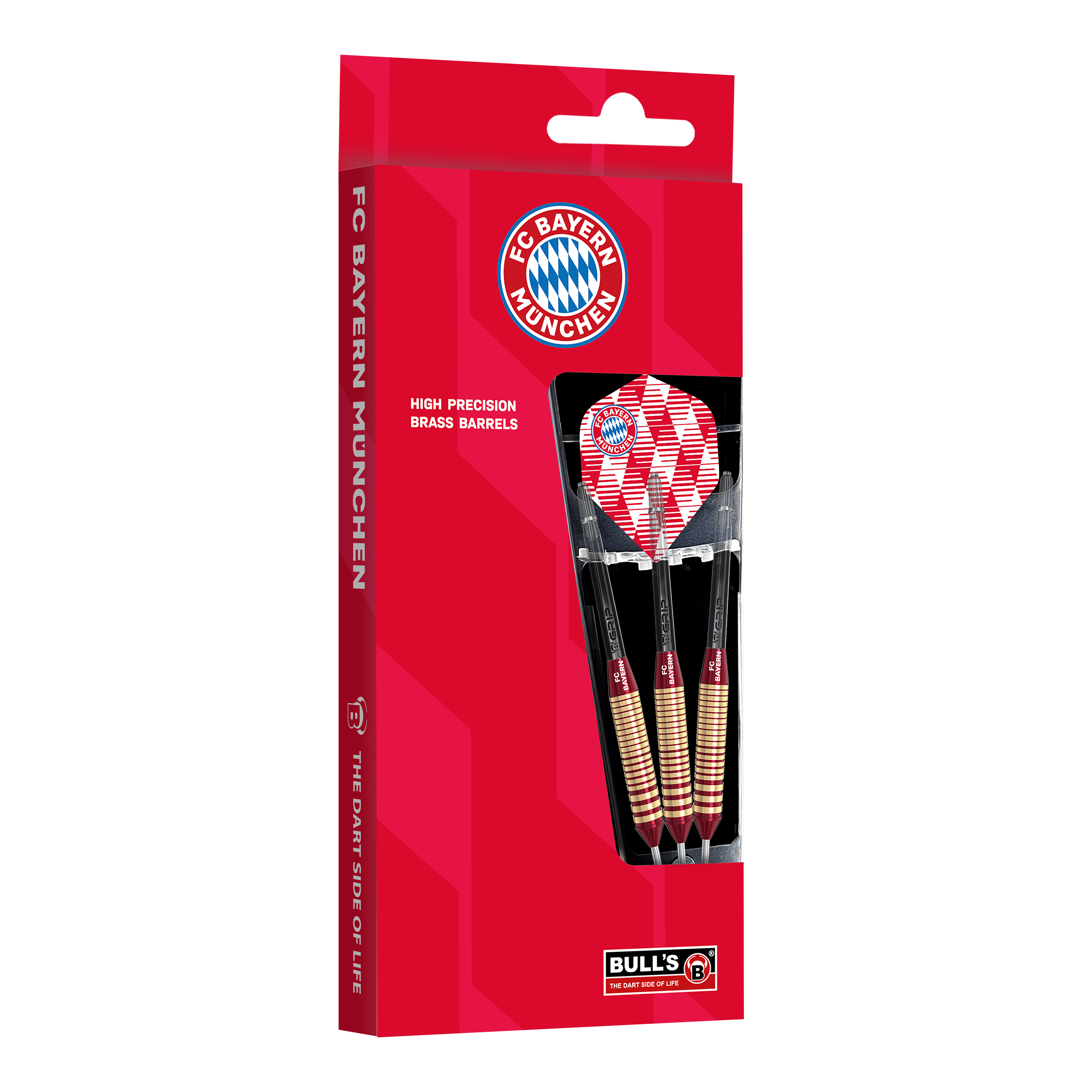 Fléchettes en acier laiton Bulls FC Bayern Munich - 21 g Das Bild zeigt die Bulls FC Bayern München Brass Steeldarts mit 21 Gramm Gewicht. Die Darts sind im Design des Fußballvereins FC Bayern München gehalten.