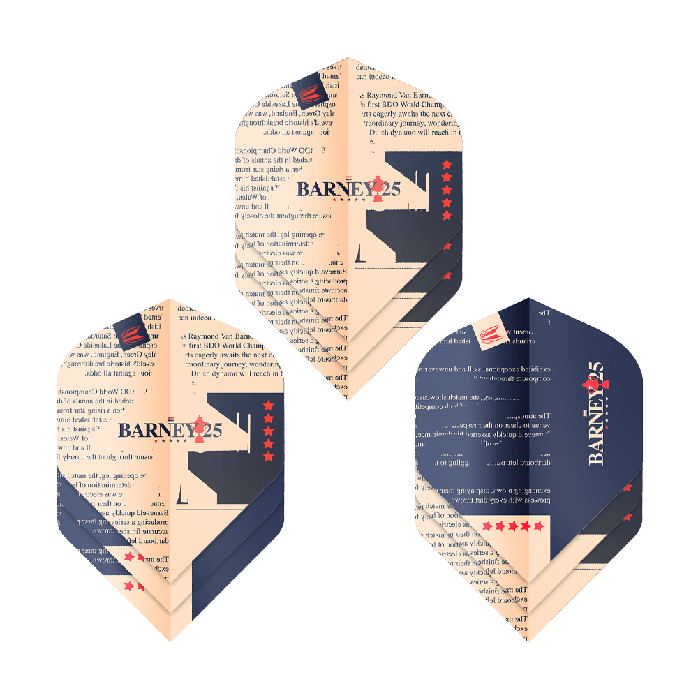 Target ProUltra Raymond Van Barneveld Barney25 Vols Standard Das Bild zeigt drei Sätze von Target ProUltra Raymond Van Barneveld Barney25 Standard Flights. Die Flights sind in Beige und Dunkelblau gestaltet und tragen den Aufdruck "BARNEY25" mit roten Sternen.