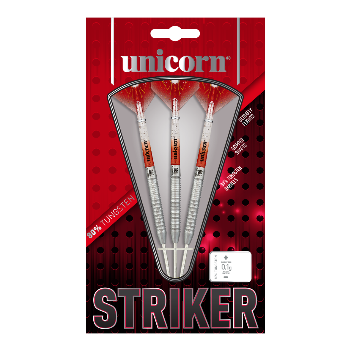Fléchettes en acier Unicorn Core XL Striker Style 1 - 22 g Auf dem Bild sind drei Unicorn Core XL Striker Style 1 Steeldarts mit einem Gewicht von 22g zu sehen. Die Verpackung ist rot-schwarz gestaltet und hebt 80% Tungsten-Barrels hervor.