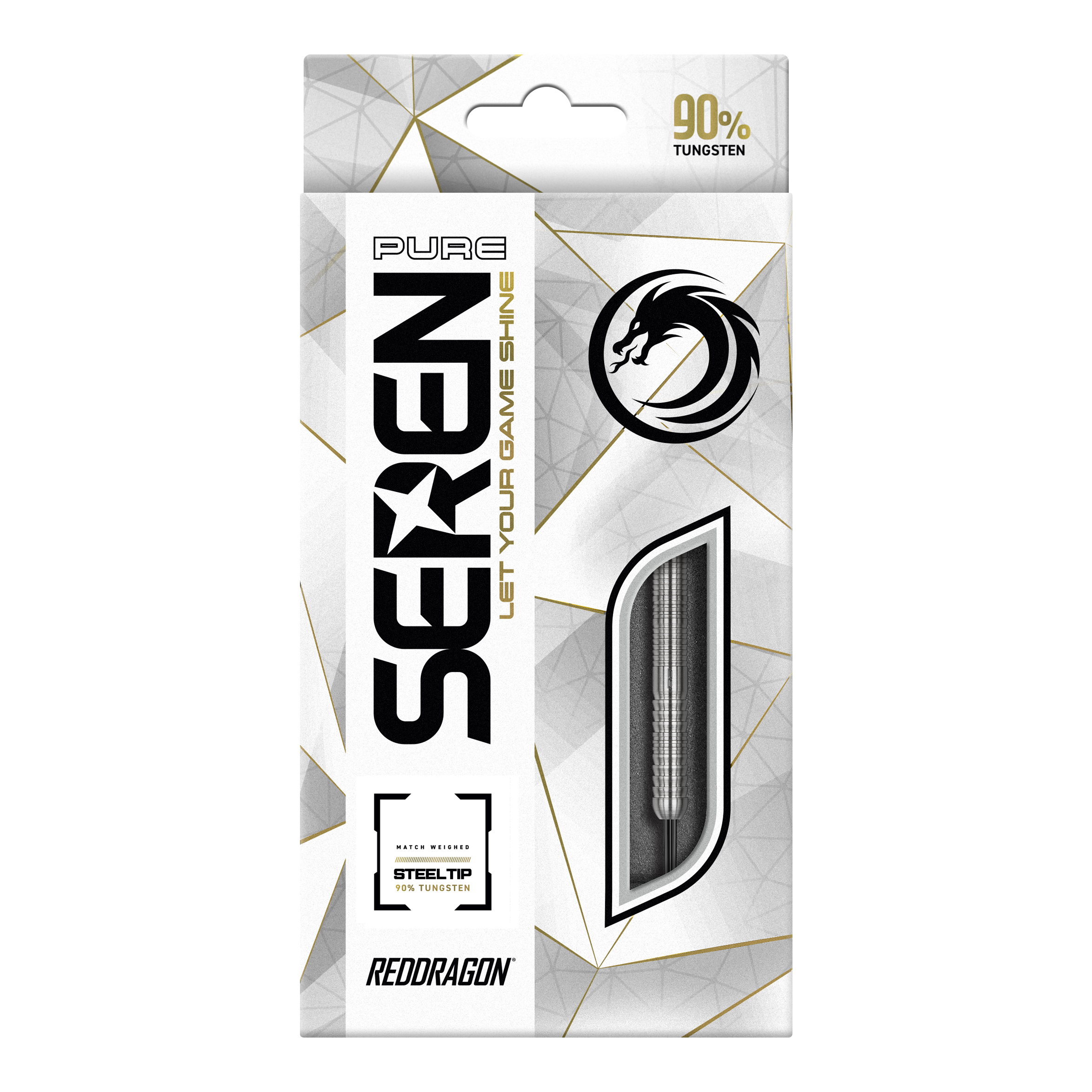 Dragon Rouge Seren 1 Pure Steeldarts Die Verpackung zeigt das Produkt "Red Dragon Seren 1 Pure Steeldarts". Auf der Vorderseite wird hervorgehoben, dass die Darts aus 90% Tungsten bestehen.