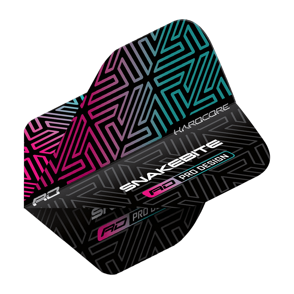 Das Bild zeigt ein Dartflight mit einem auffälligen, bunten Muster in Schwarz, Pink und Türkis. Auf dem Flight stehen die Wörter "Hardcore", "Snakebite" und "Pro Design".