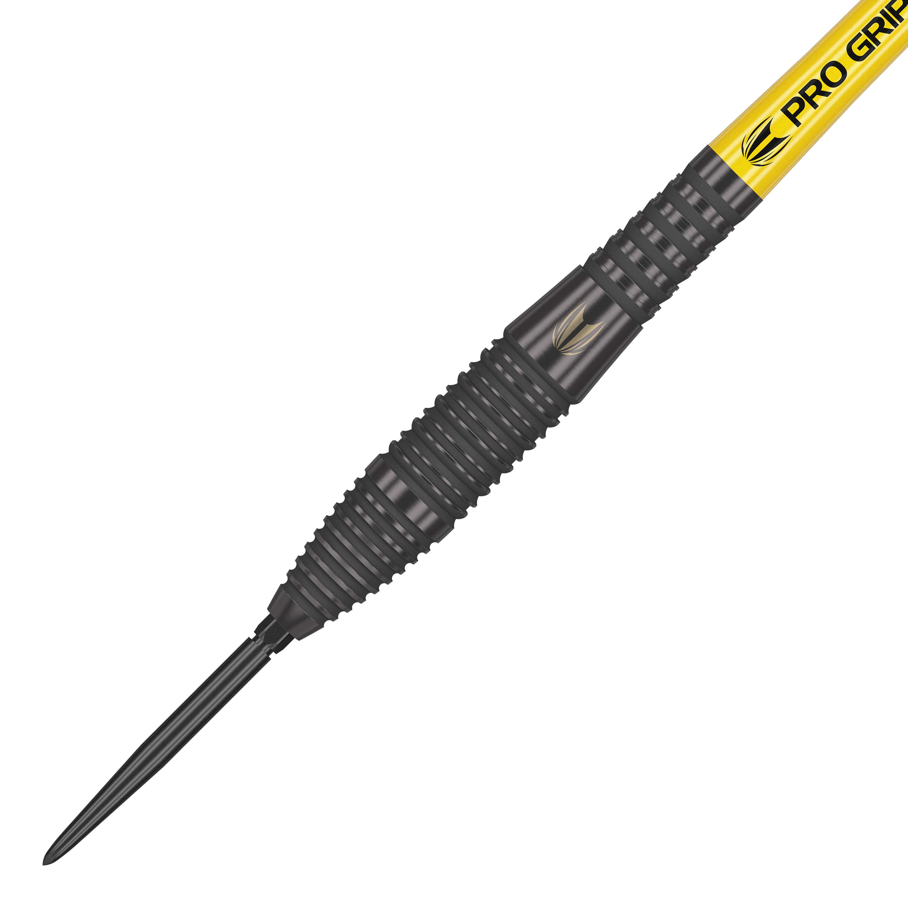 Fléchettes en acier Target Bolide Void 05 Swiss Point Das Bild zeigt einen Target Bolide Void 05 Swiss Point Steeldart. Der Dart hat eine schwarze, gerillte Oberfläche und einen gelben Schaft mit der Aufschrift "Pro Grip".
