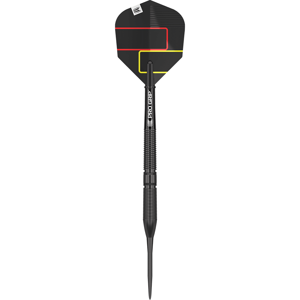 190227_Target_Gabriel_Clemens_Black_Edition_Steeldarts_1ovoKRTnltgb3u Dies ist ein schwarzer Steeldartpfeil mit geriffeltem Griff. Die Dart-Flügel sind schwarz mit roten und gelben Linien verziert.