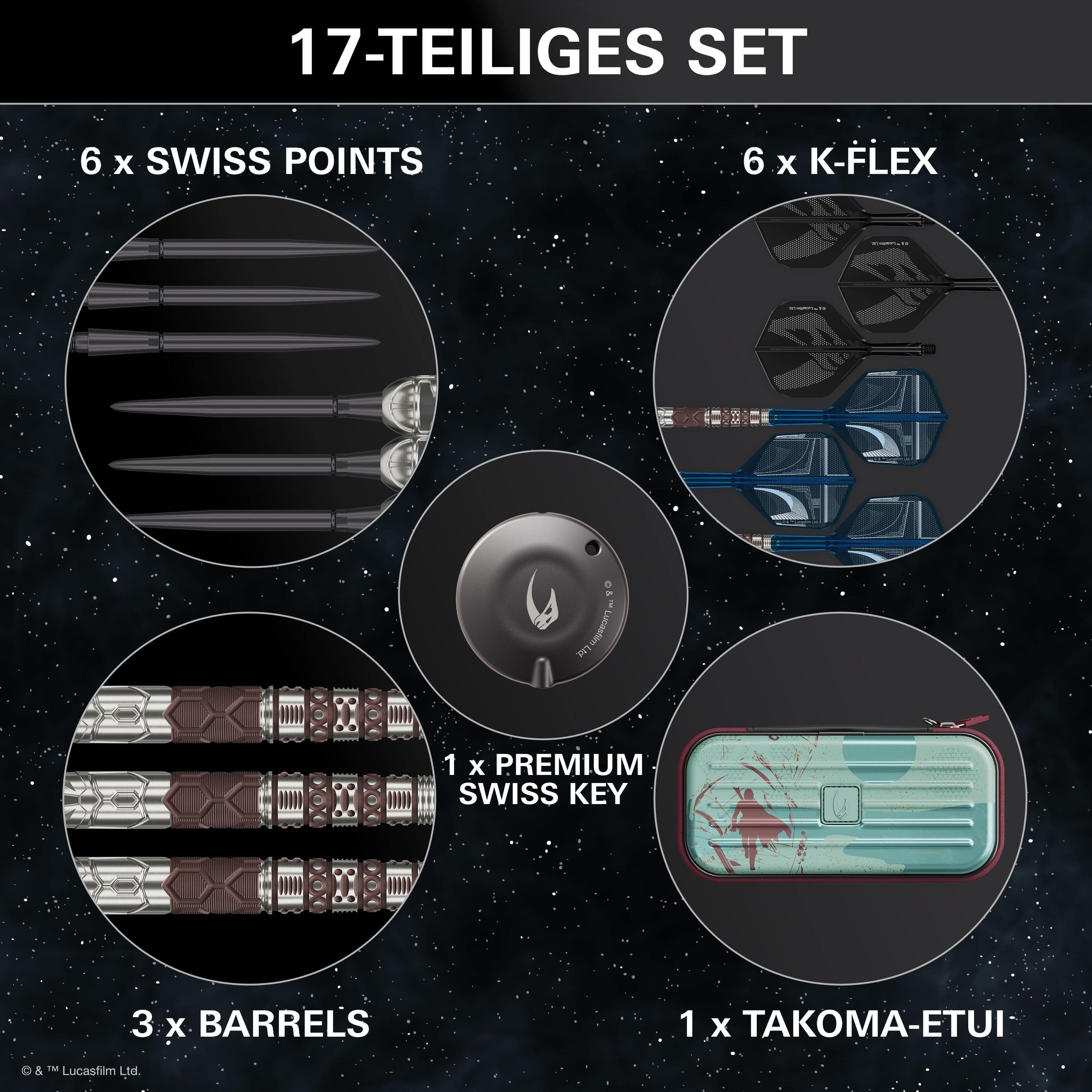 Fléchettes en acier Target Star Wars Mandalorian 95 à pointe suisse Abgebildet sind die Target Star Wars Mandalorian 95 Swiss Point Steeldarts. Sie sind speziell für Fans von Star Wars und Mandalorian entwickelt.