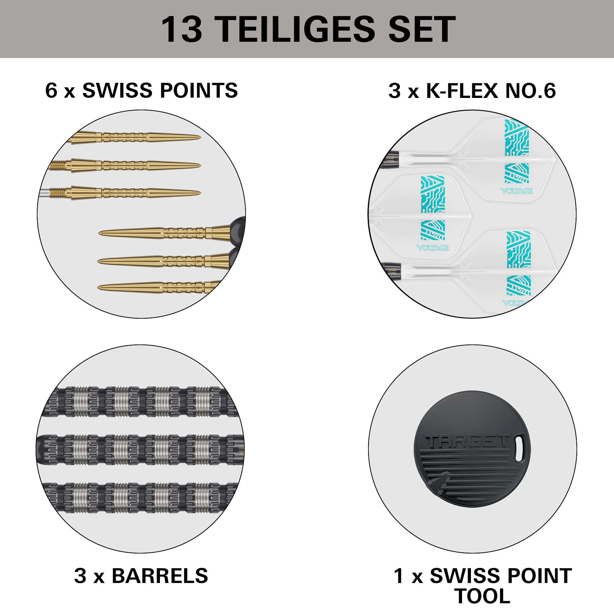 Fléchettes en acier Target Rob Cross 95K Swiss Point Das Bild zeigt das 13-teilige Set der Target Rob Cross 95K Swiss Point Steeldarts. Es enthält 6 Swiss Points, 3 K-Flex No.6 Flights, 3 Barrels und 1 Swiss Point Tool.
