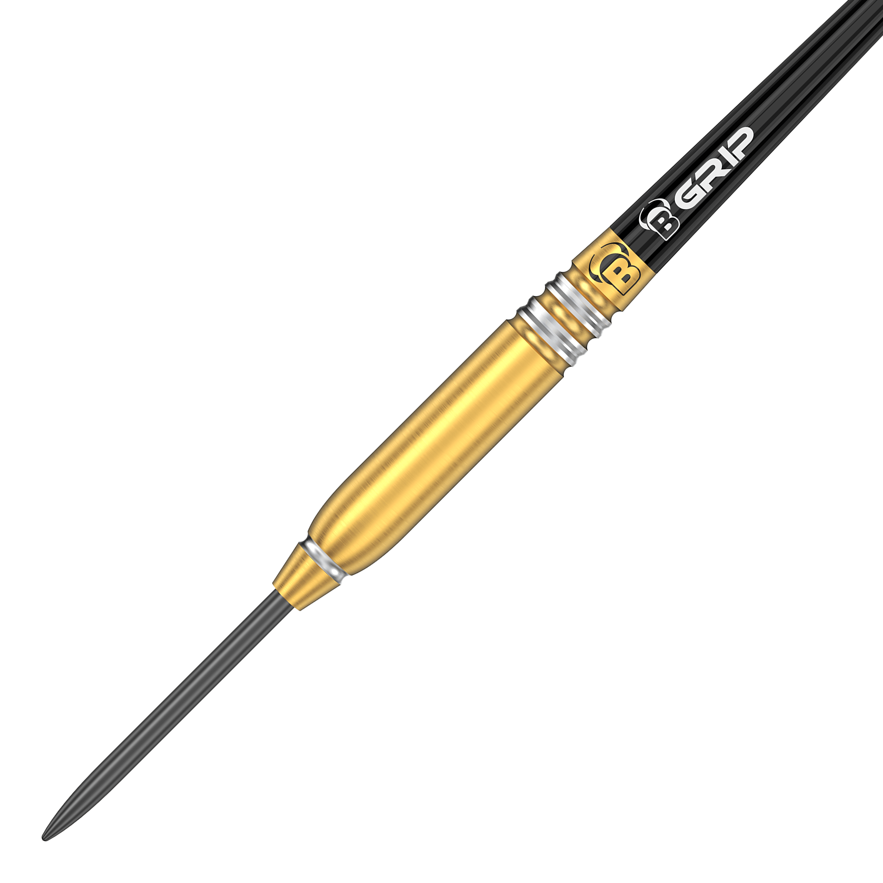 Bulls Patrick Geeraets Steeldarts - 23g Das Bild zeigt einen Bulls Patrick Geeraets Steeldart mit einem Gewicht von 23 Gramm. Der Dart hat einen goldfarbenen Barrel und einen schwarzen Schaft mit der Aufschrift "GRIP".