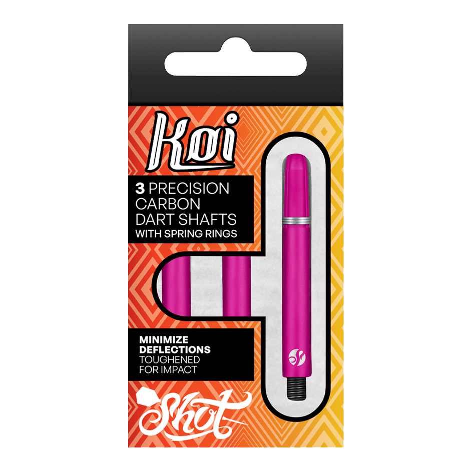 Tiges en carbone Shot Koi - Rose Auf dem Bild ist eine Verpackung mit drei pinkfarbenen Präzisions-Carbon-Dartschäften zu sehen. Die Schäfte sind für minimale Ablenkungen und erhöhte Schlagfestigkeit ausgelegt.