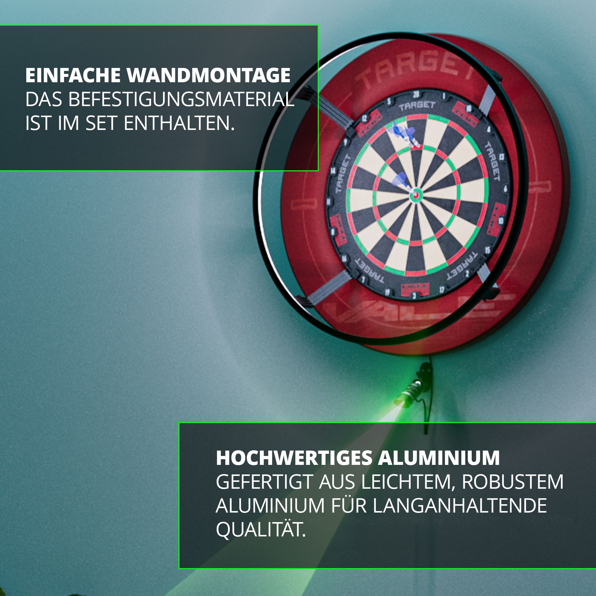 Das Bild zeigt eine Dartscheibe mit dem Target MOD Laser Oche an der Wand montiert. Es wird auf die einfache Wandmontage und das hochwertige Aluminium des Produkts hingewiesen.