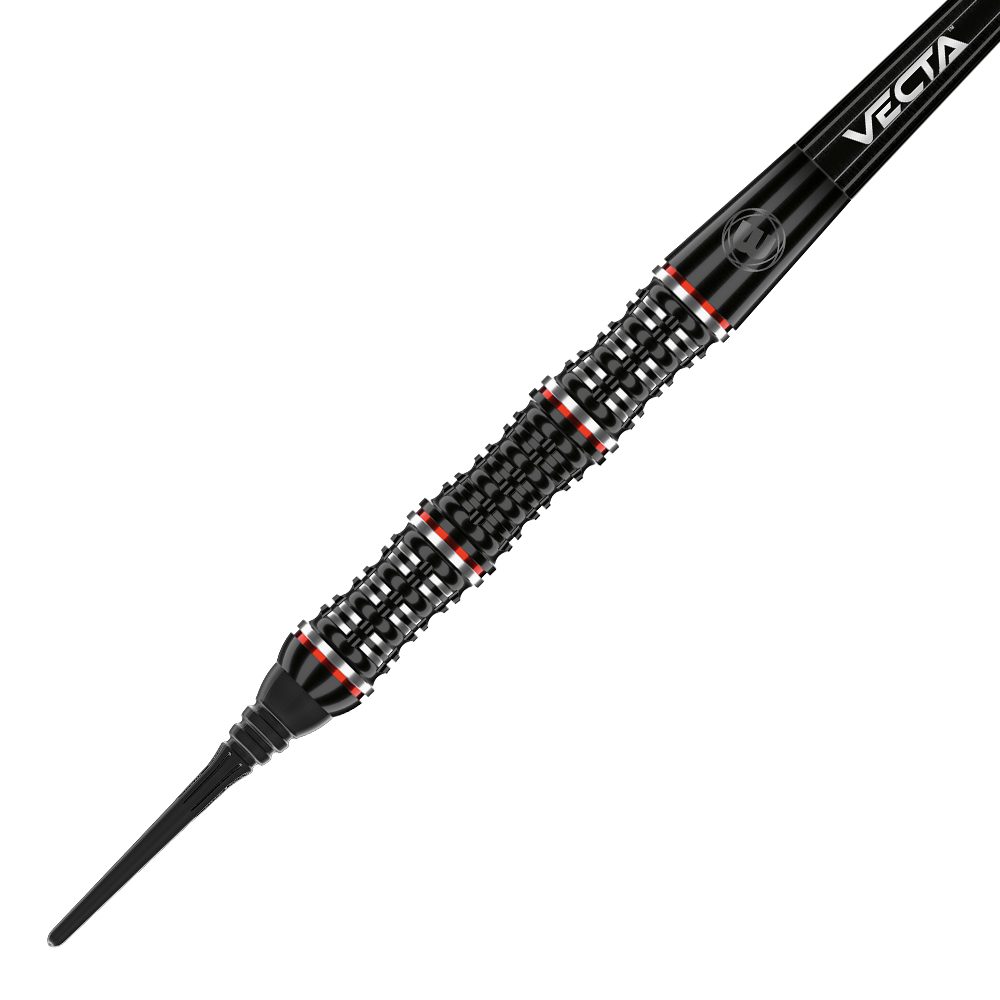 2440_Winmau_Mervyn_King_Special_Edition_Softdarts_2 Auf dem Bild ist der Winmau Mervyn King Special Edition Softdart zu sehen. Der Dartpfeil ist schwarz mit rot-weißen Akzenten und hat ein markantes, geriffeltes Griffdesign.