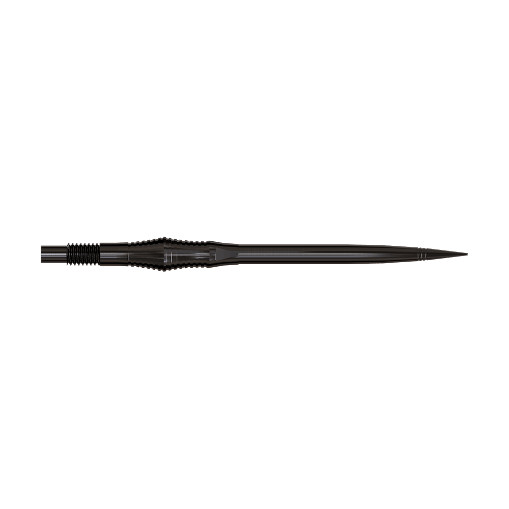 Dartspitzen der Spire Black Elite Serie sind zu sehen. Sie sind schlank und dunkel.