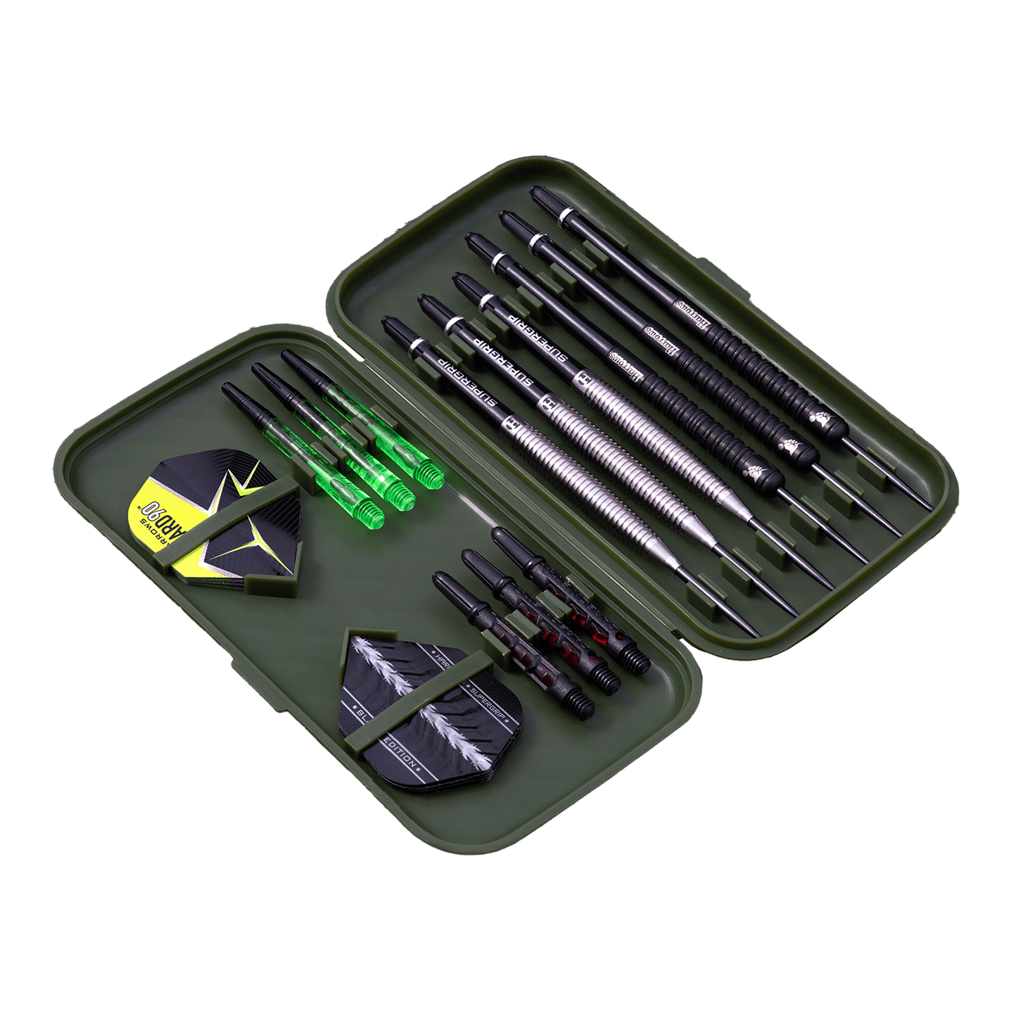 Étui à fléchettes Harrows Slimcase In diesem Bild ist ein offenes Dartcase mit mehreren Darts und Zubehör zu sehen. Das Etui enthält Dartpfeile, Flights und Ersatzschäfte in einer geordneten Anordnung.