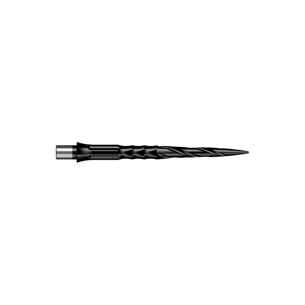 Abgebildet sind Caliburn Evo System Steeldartspitzen vom Typ Spiro NoLip in Schwarz mit 28 mm Länge. Das Produkt ist für den Einsatz in Steeldarts geeignet.